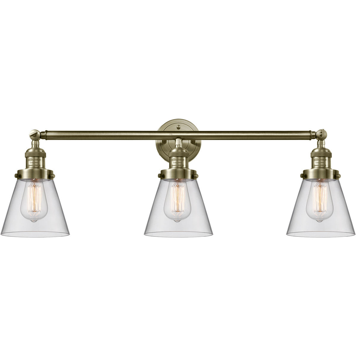 Franklin Restoration Small Cone 3 Light 30 inch Antique Brass Bath Vanity Light Wall Light in Incandescent, Clear Glass, Franklin Restoration