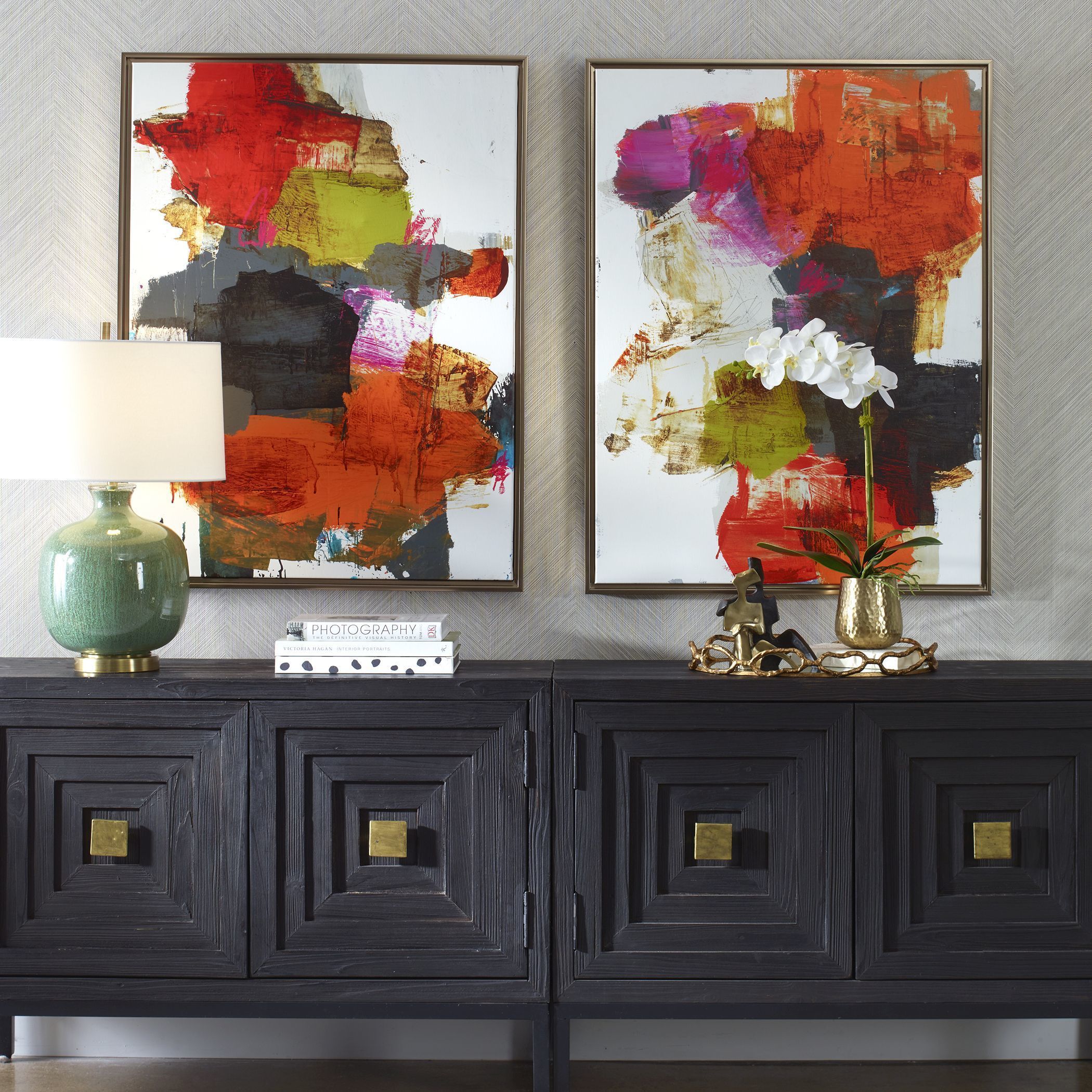 Tried And True Multi-Colored and Bronze Gold Framed Abstract Art, Set of 2