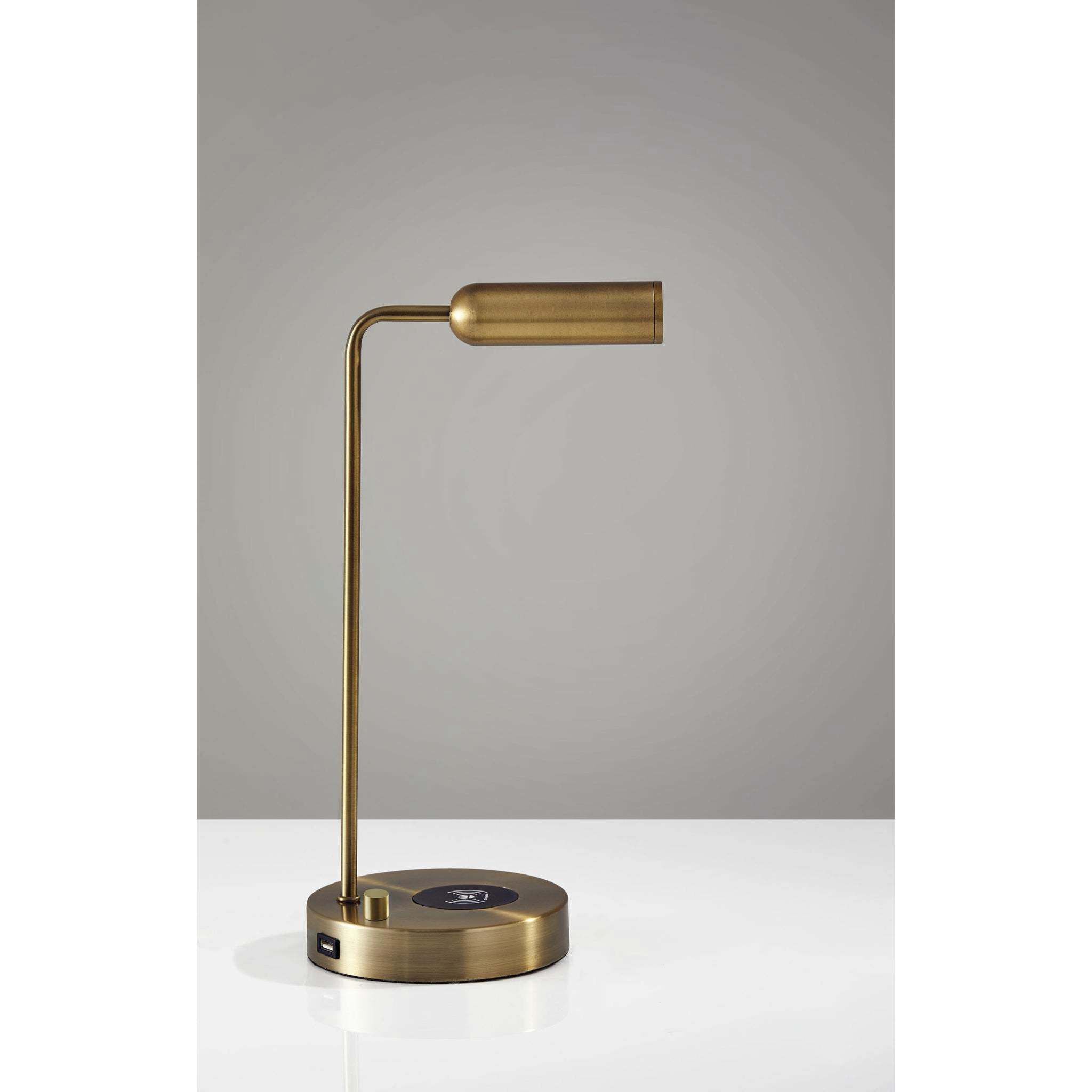 Kaye 17 inch 5.00 watt Antique Brass Desk Lamp Portable Light, with AdessoCharge Wireless Charging Pad and USB Port