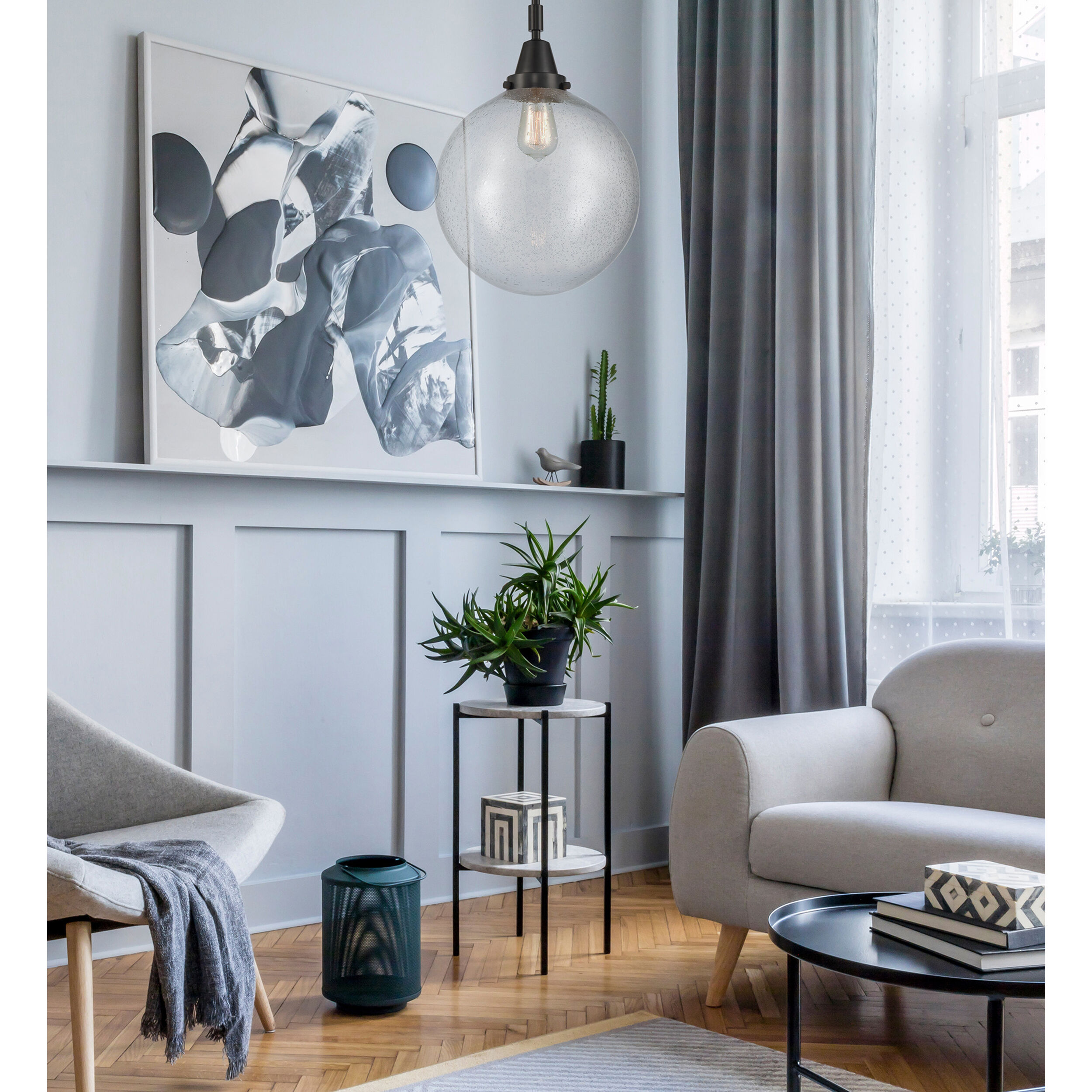 Beacon 1 Light 12 inch Matte Black Mini Pendant Ceiling Light in Seedy Glass