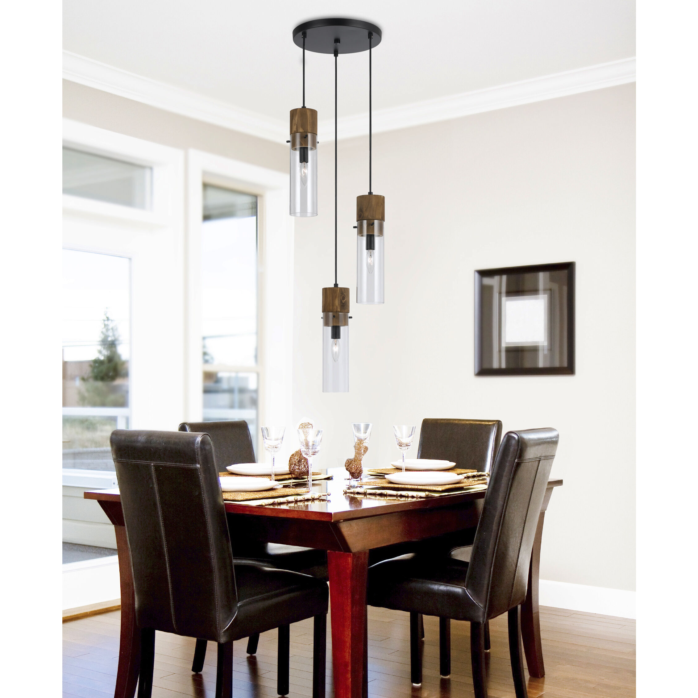 Spheroid 3 Light 13 inch Black and Wood Pendant Ceiling Light