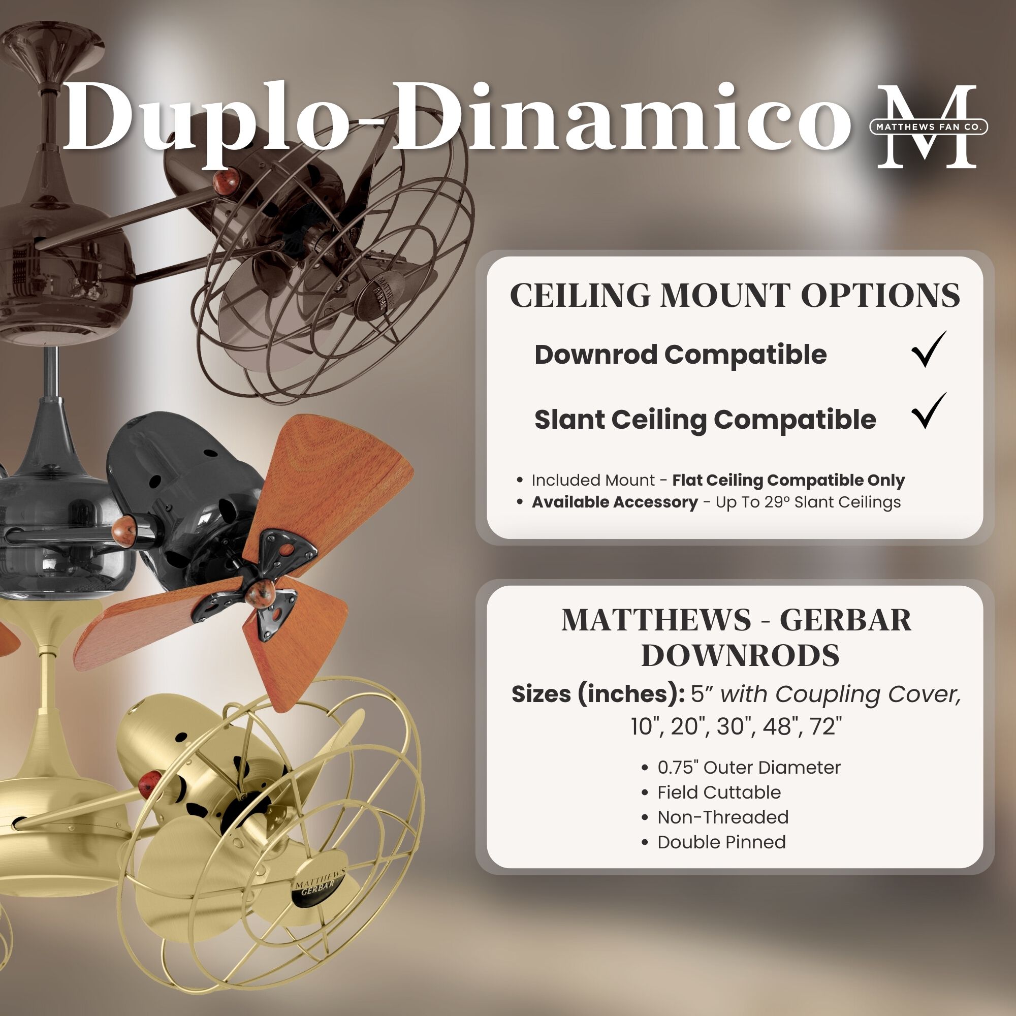 Matthews-Gerbar Duplo-Dinamico 16 inch Gloss White with Solid Mahogany Wood Blades Rotational Ceiling Fan, Matthews-Gerbar