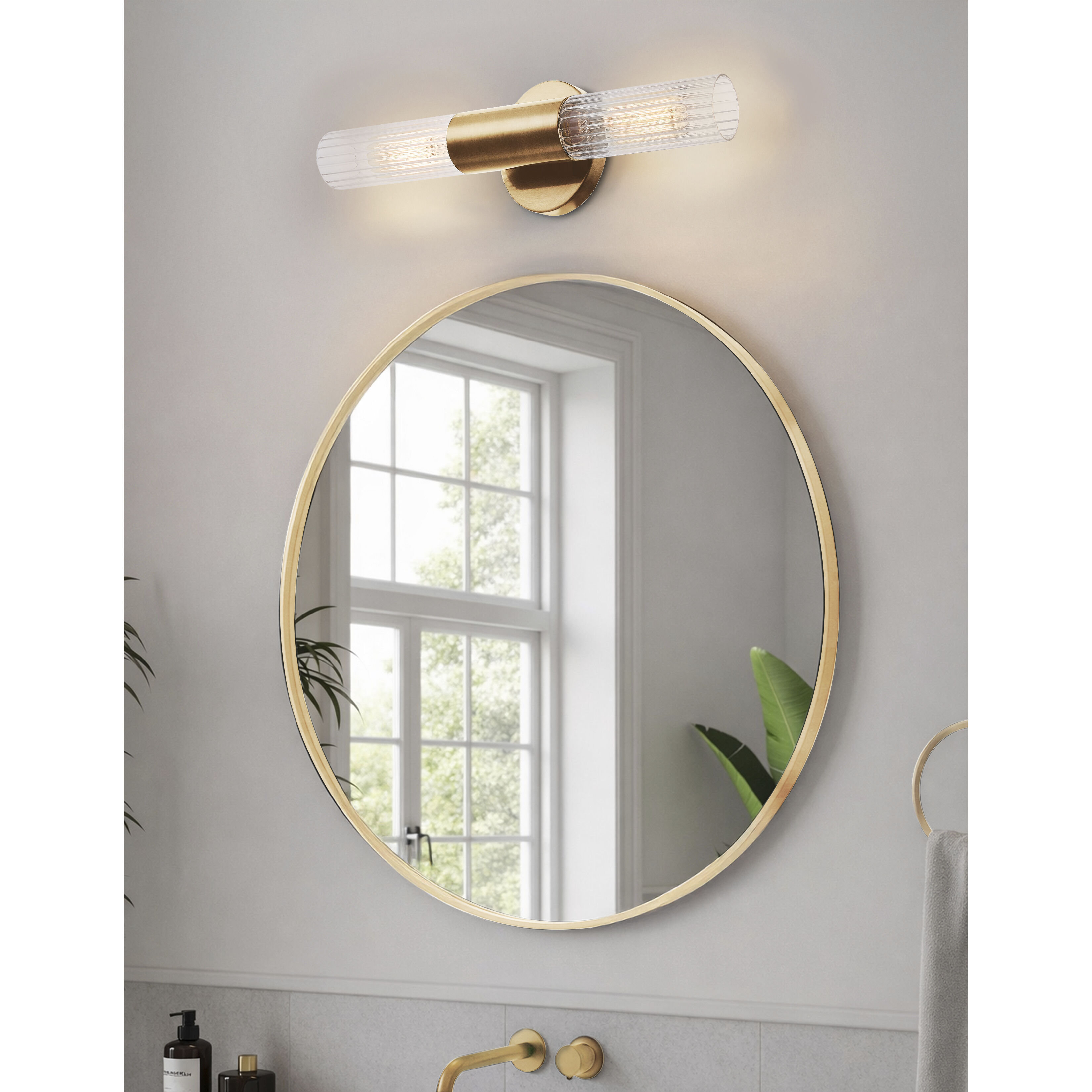 Fusion Collection - Rimini Family 2 Light 4.25 inch Brushed Brass and Clear Ribbed ADA Wall Sconce Wall Light, EVOLV