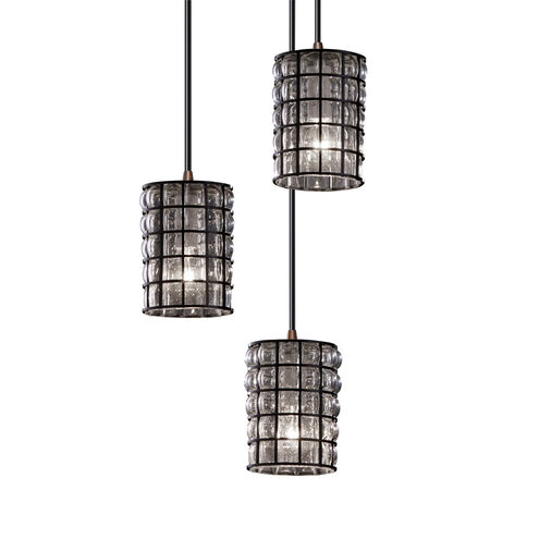 Wire Glass 3 Light 4 inch Dark Bronze Pendant Ceiling Light in Black Cord, Grid with Clear Bubbles