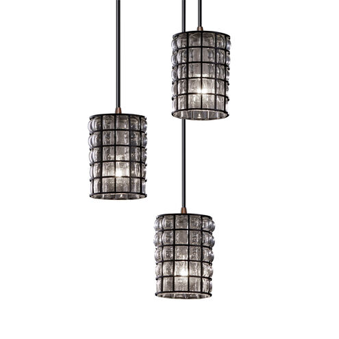 Wire Glass 3 Light 4 inch Polished Chrome Pendant Ceiling Light in Black Cord, Grid with Clear Bubbles