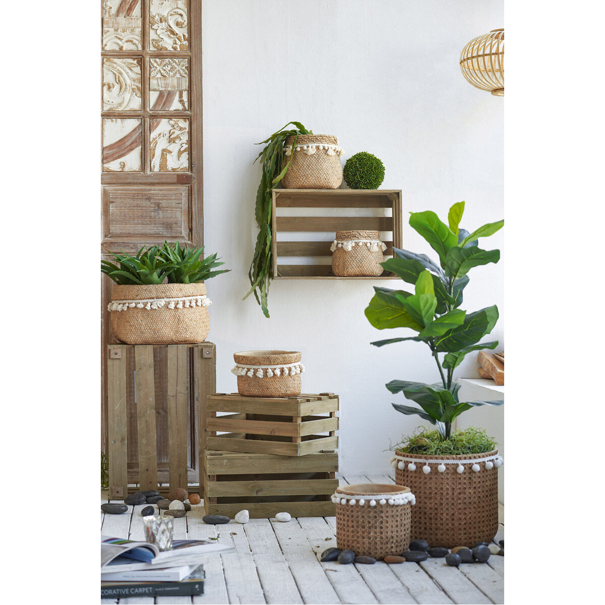 Rattan Detail Natural and White Outdoor Planter