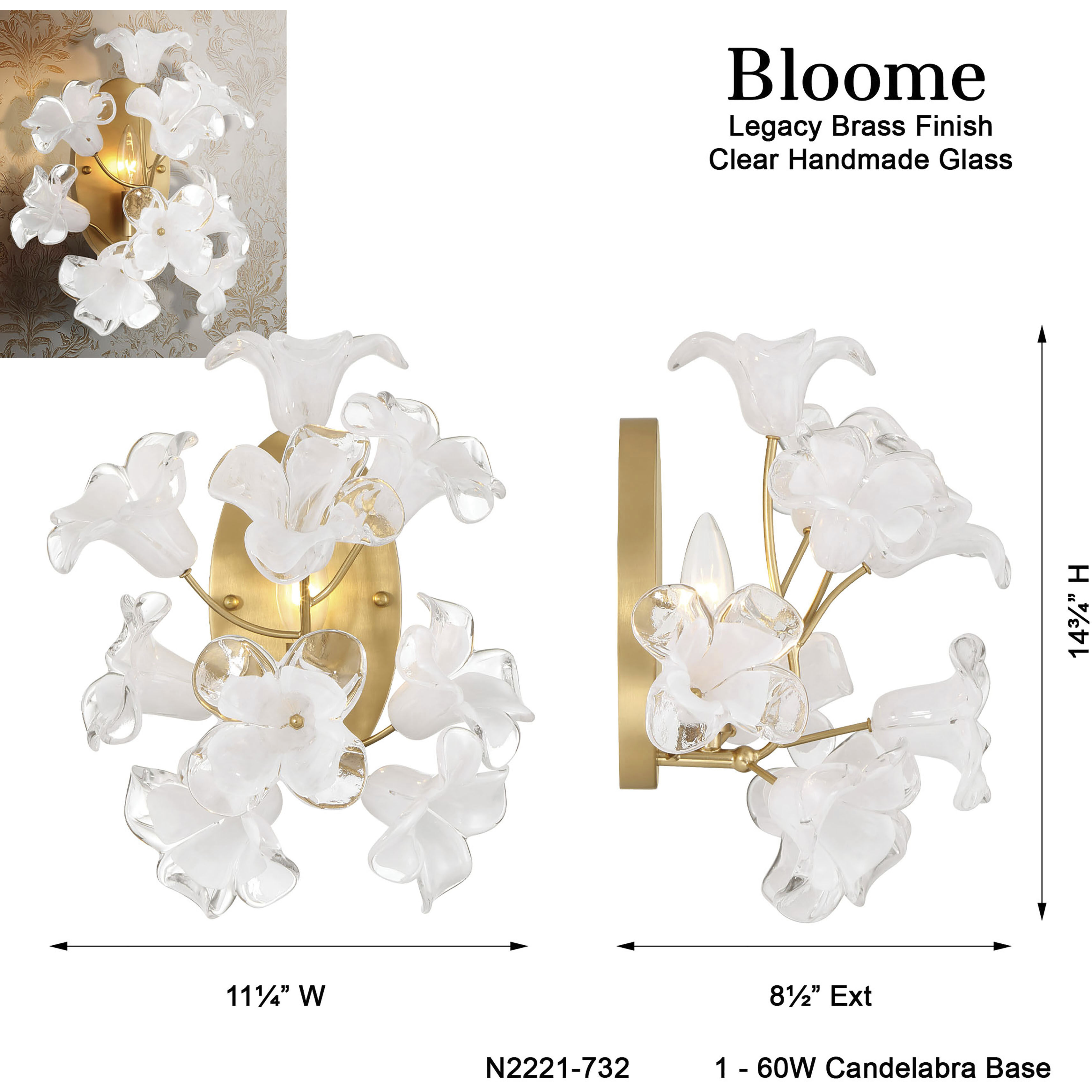 Bloome Wall Sconce Wall Light in Legacy Brass, Clear Handmade Glass