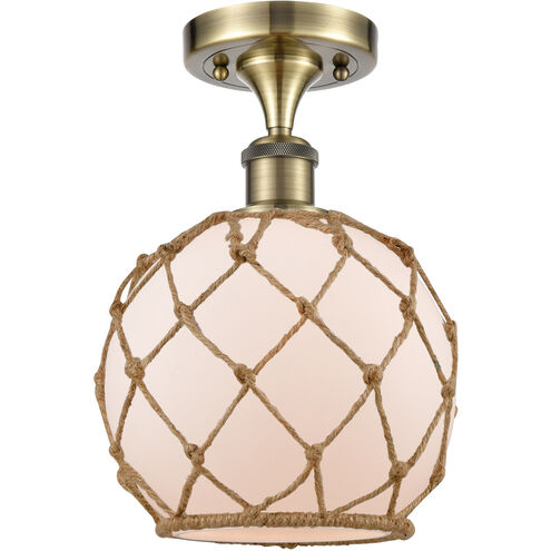 Ballston Farmhouse Rope LED 8 inch Antique Brass Semi-Flush Mount Ceiling Light in White Glass with Brown Rope, Ballston