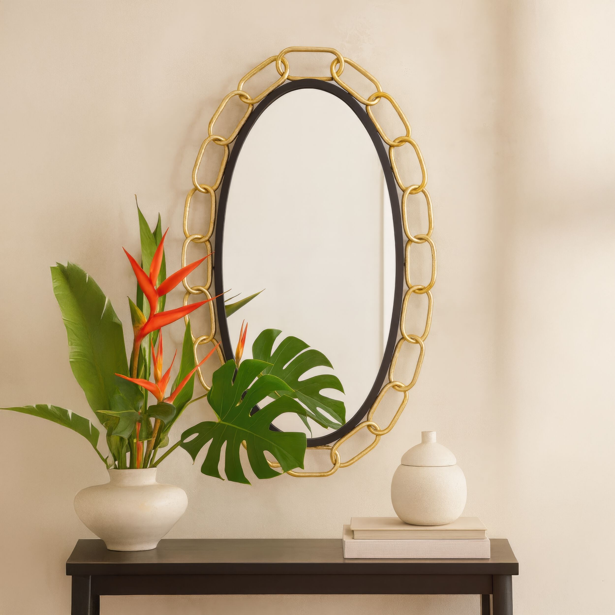 Chains of Love 40 X 24 inch Matte Black and Textured Gold Wall Mirror
