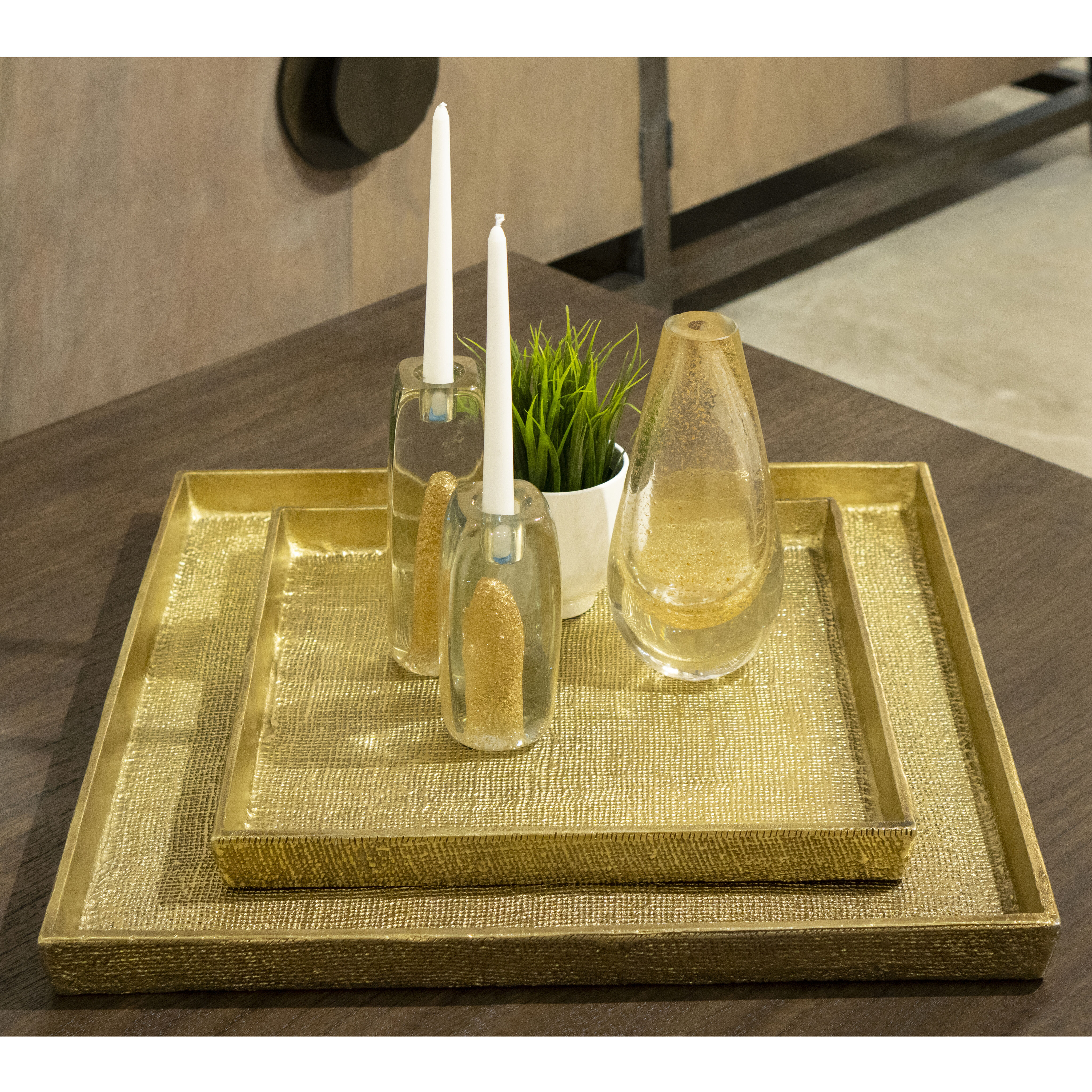 Square Linen Antique Brass Tray, Set of 2