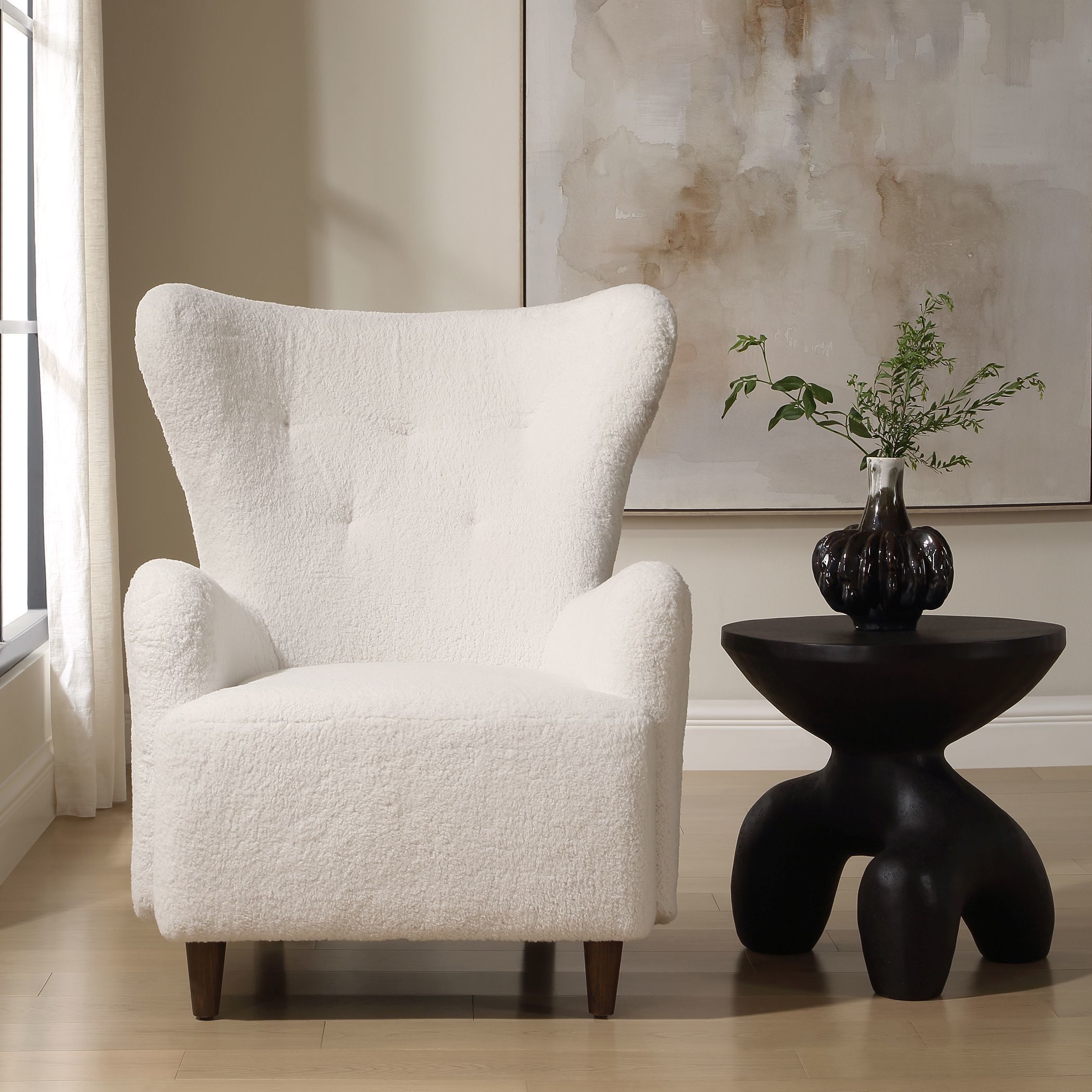 Ingel White Faux Sheepskin and Walnut Wingback Armchair