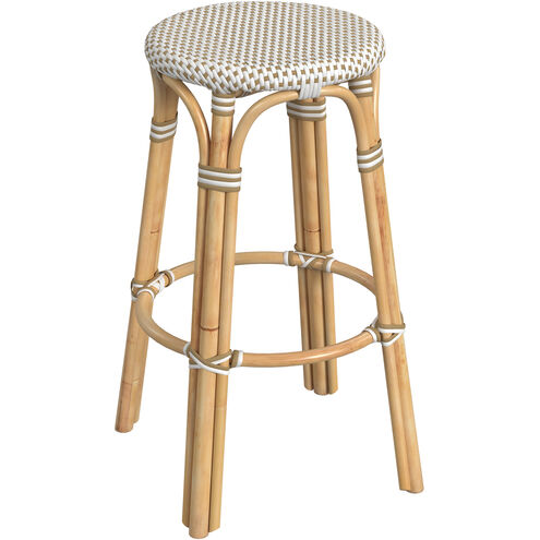 Tobias Round Rattan 30" Bar Stool in White and Tan Dot