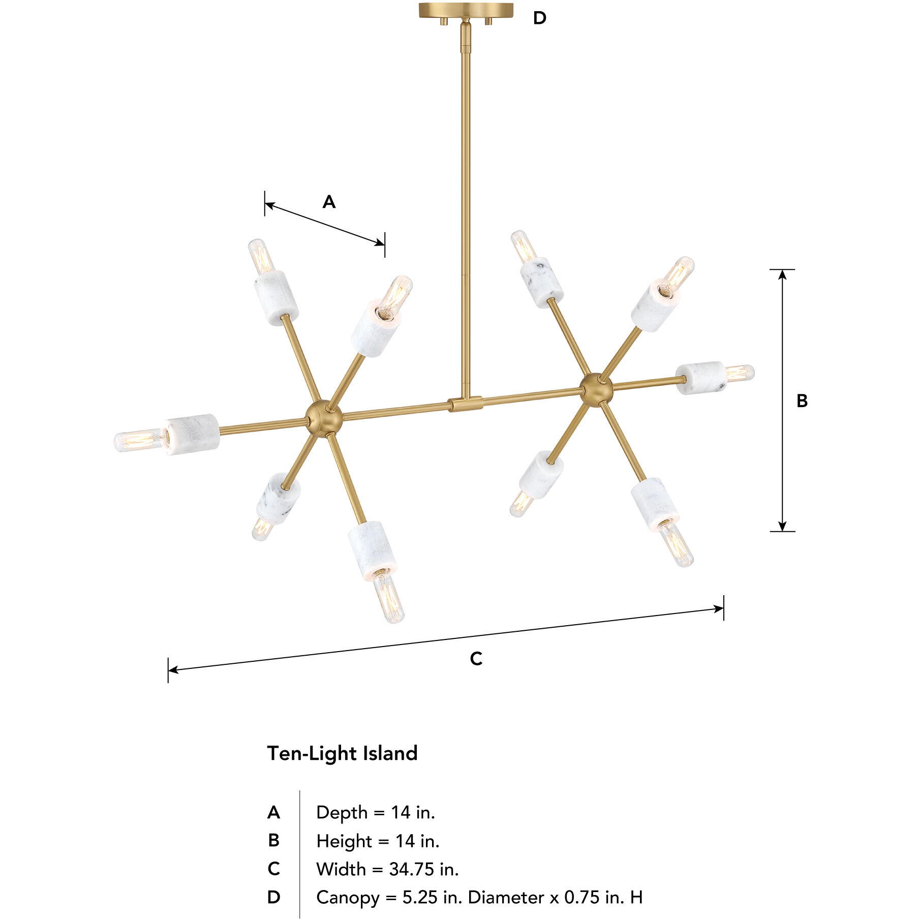 Star Dust 10 Light 34.75 inch Brushed Gold Island Pendant Ceiling Light