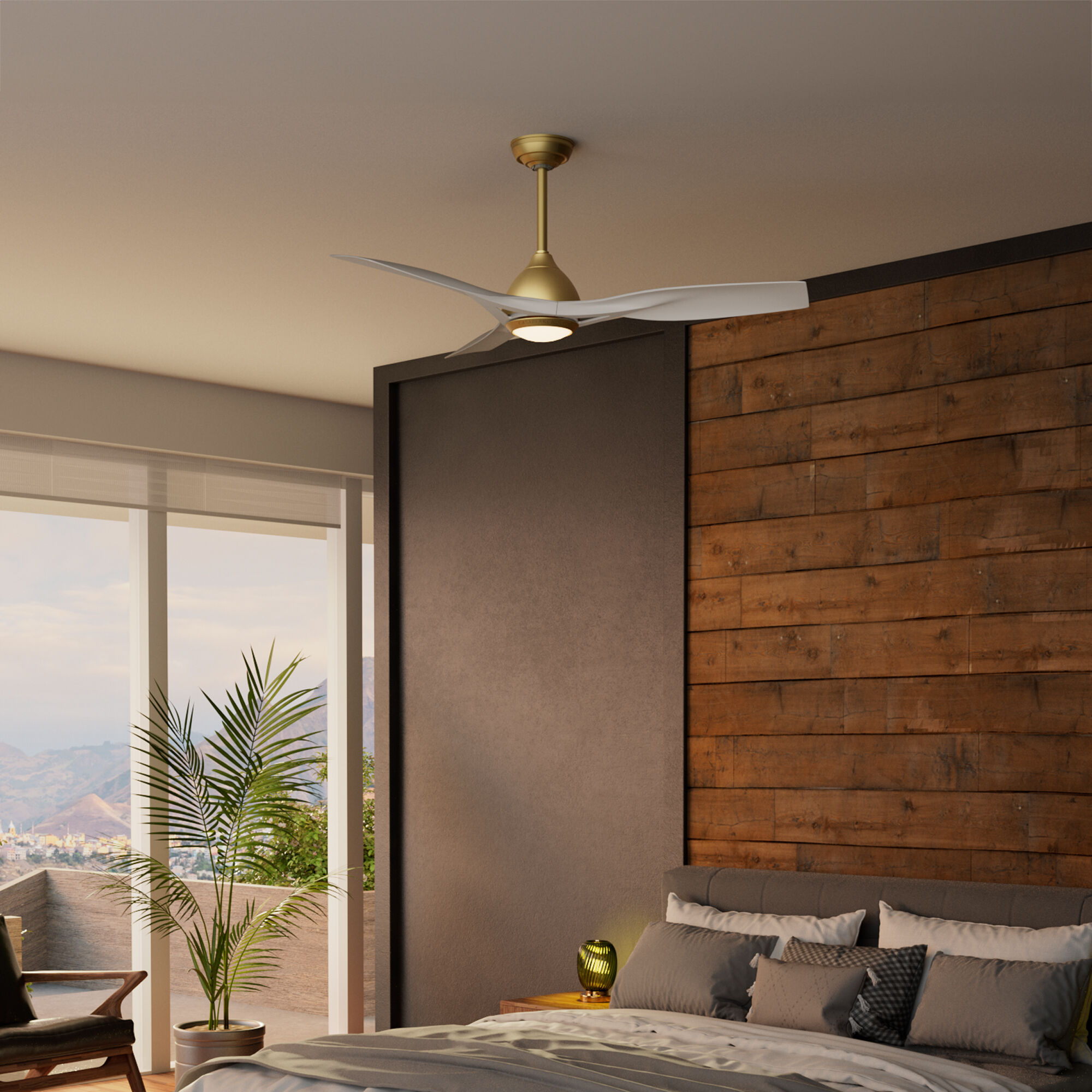 Elise 54 inch Alturas Gold with Fresh White Blades Outdoor Ceiling Fan