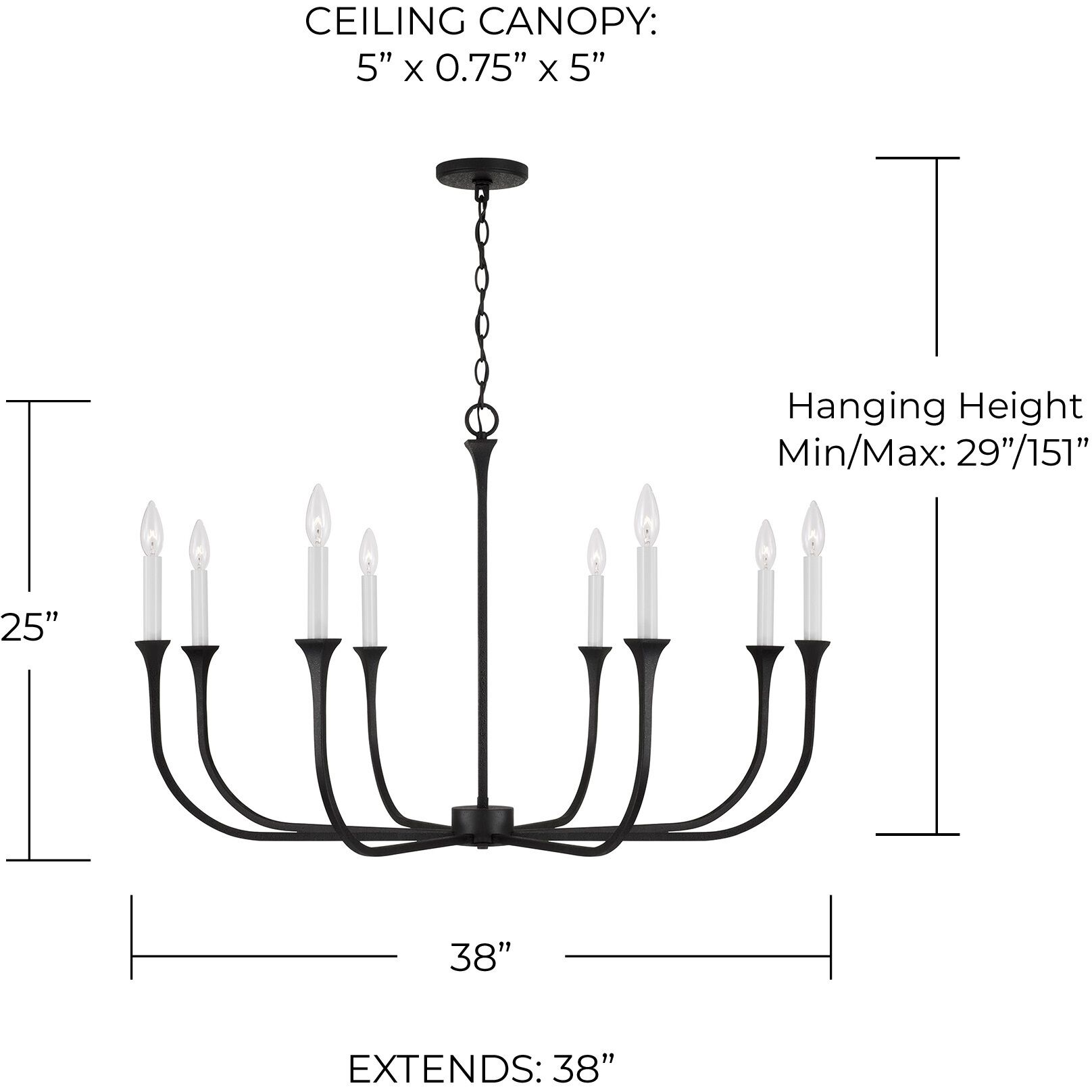Decklan 8 Light 38 inch Black Iron Chandelier Ceiling Light