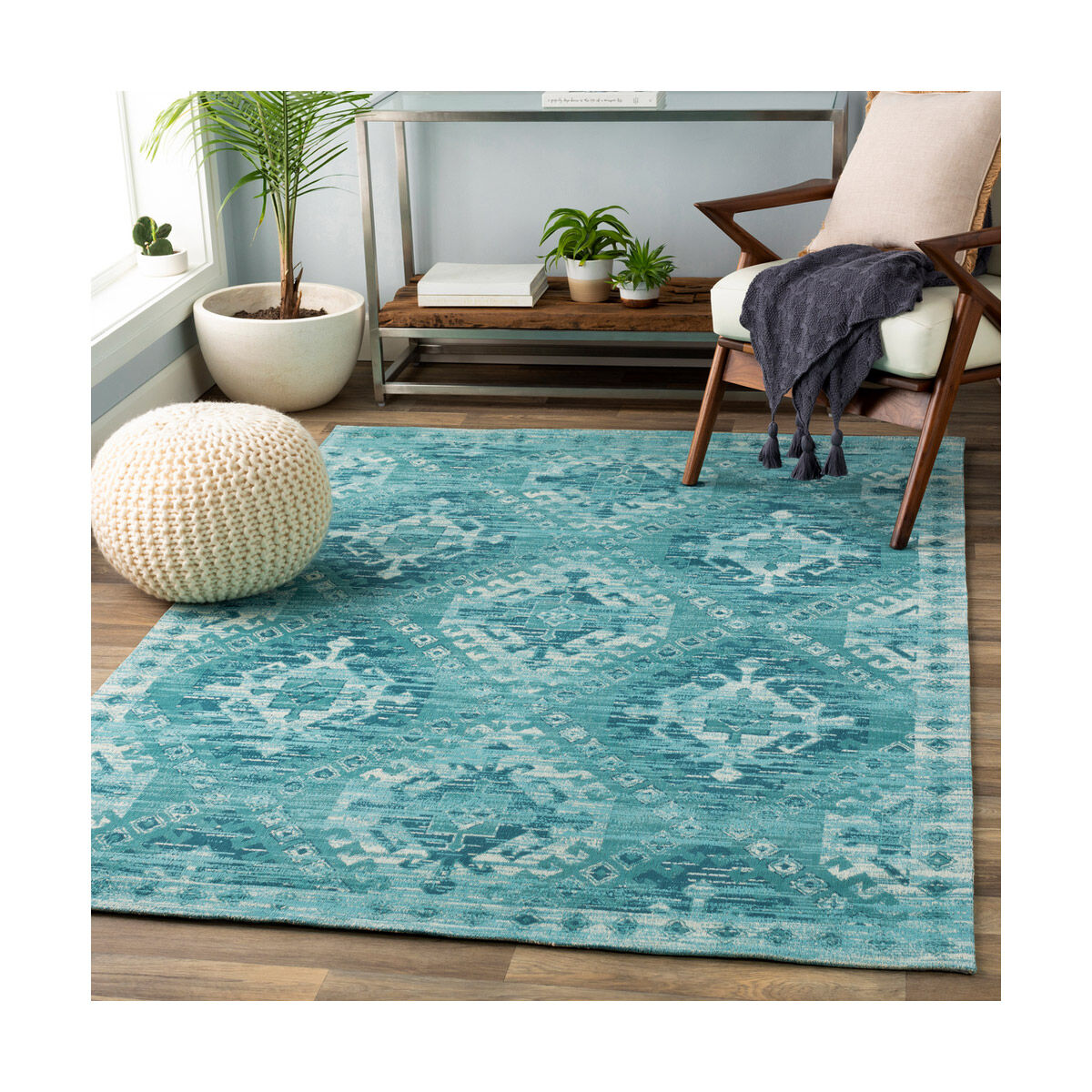 Amsterdam 36 X 24 inch Aqua/Teal/Ivory Rugs, Cotton