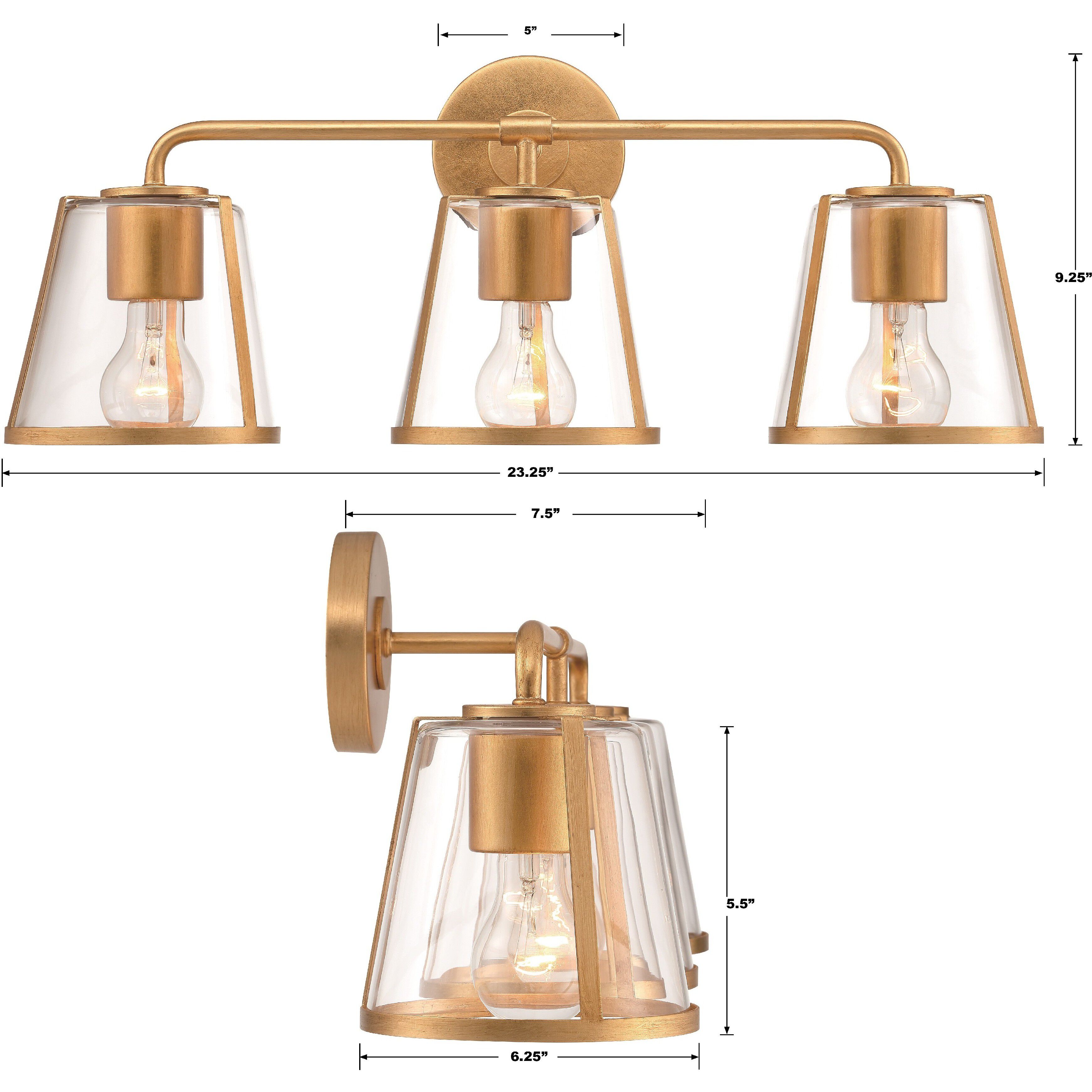 Fulton Bath Vanity Light Wall Light in Antique Gold, Clear