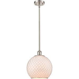 Ballston Large Farmhouse Chicken Wire LED 10 inch Brushed Satin Nickel Pendant Ceiling Light in White Glass with Nickel Wire, Ballston