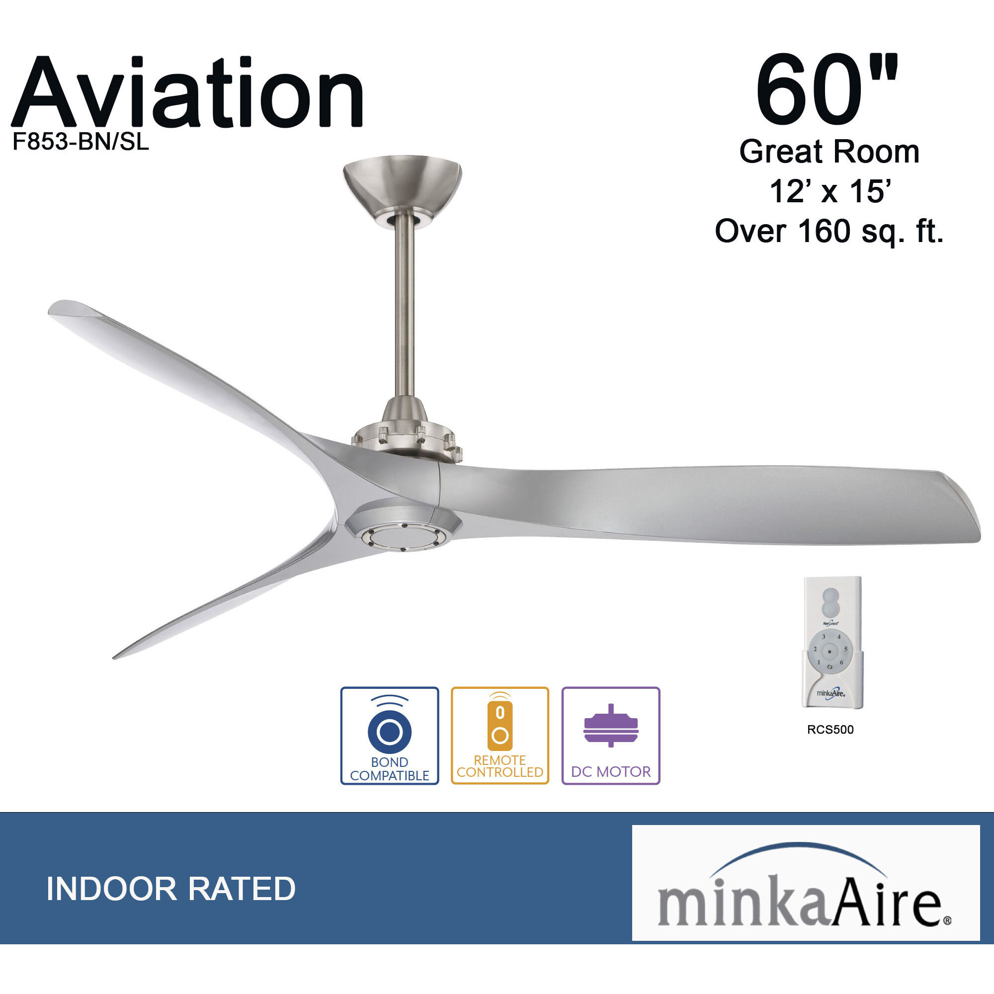 Aviation 60 inch Brushed Nickel/Silver with Silver Blades Ceiling Fan