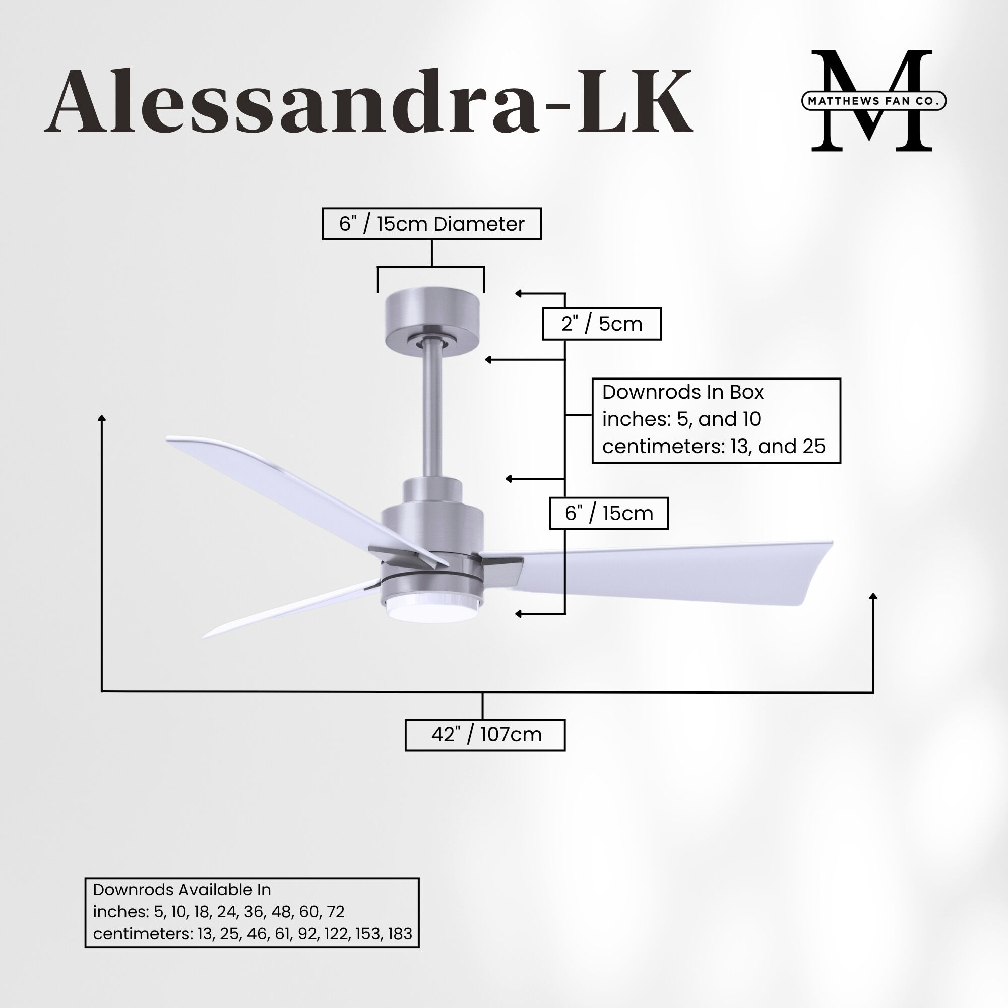 Atlas Alessandra - LK 42 inch Brushed Nickel with Matte White Blades Ceiling Fan