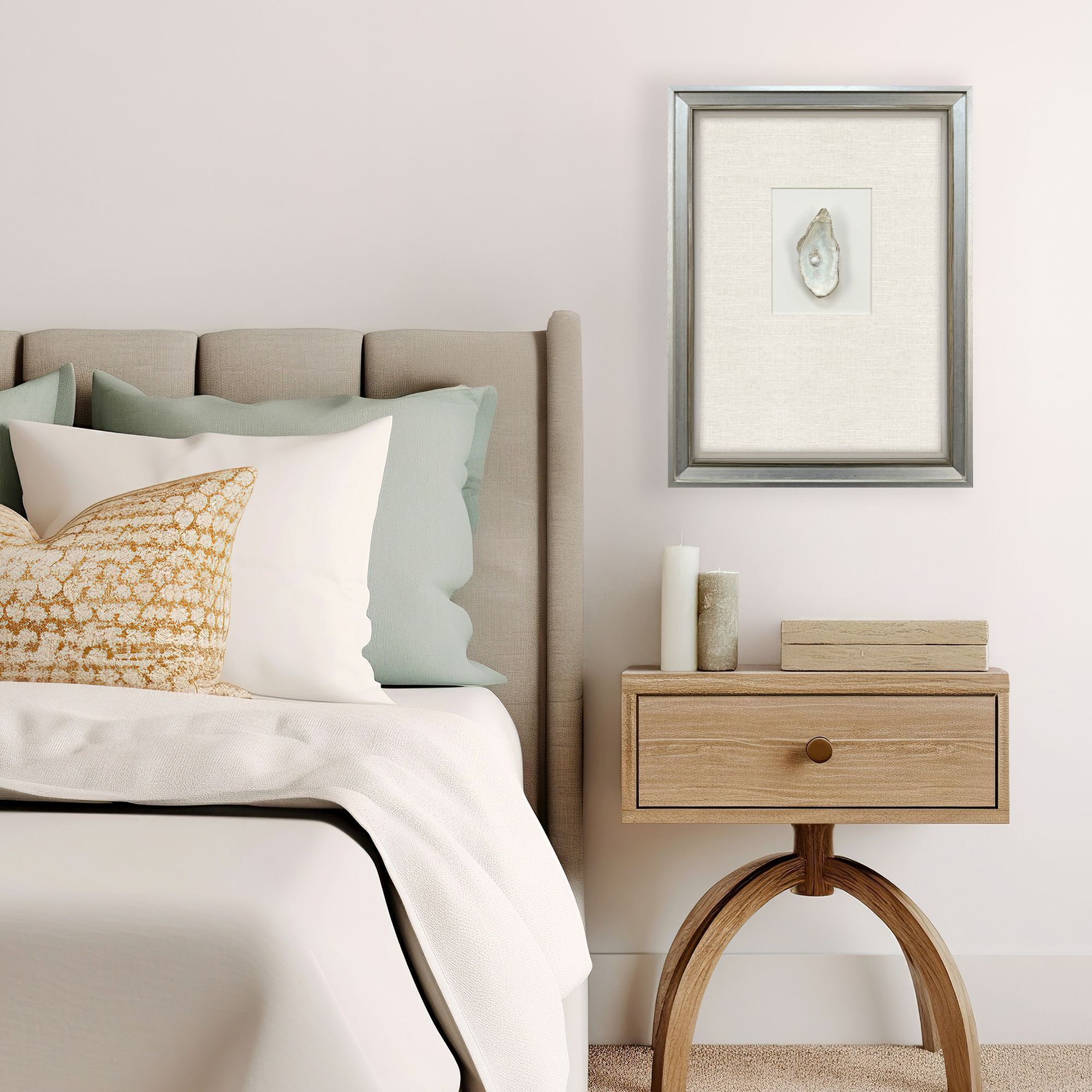 Oyster in Paradise Beige and Blue and Neutral and Turquoise Framed Art