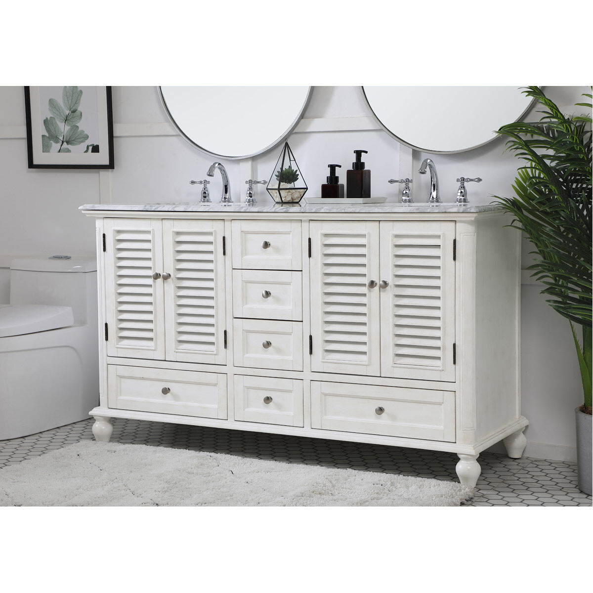 Rhodes 60 X 60 X 35 inch Antique White and Brushed Nickel Vanity Sink Set