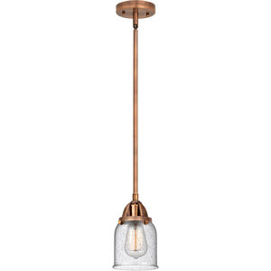 Nouveau 2 Small Bell LED 5 inch Antique Copper Mini Pendant Ceiling Light in Seedy Glass