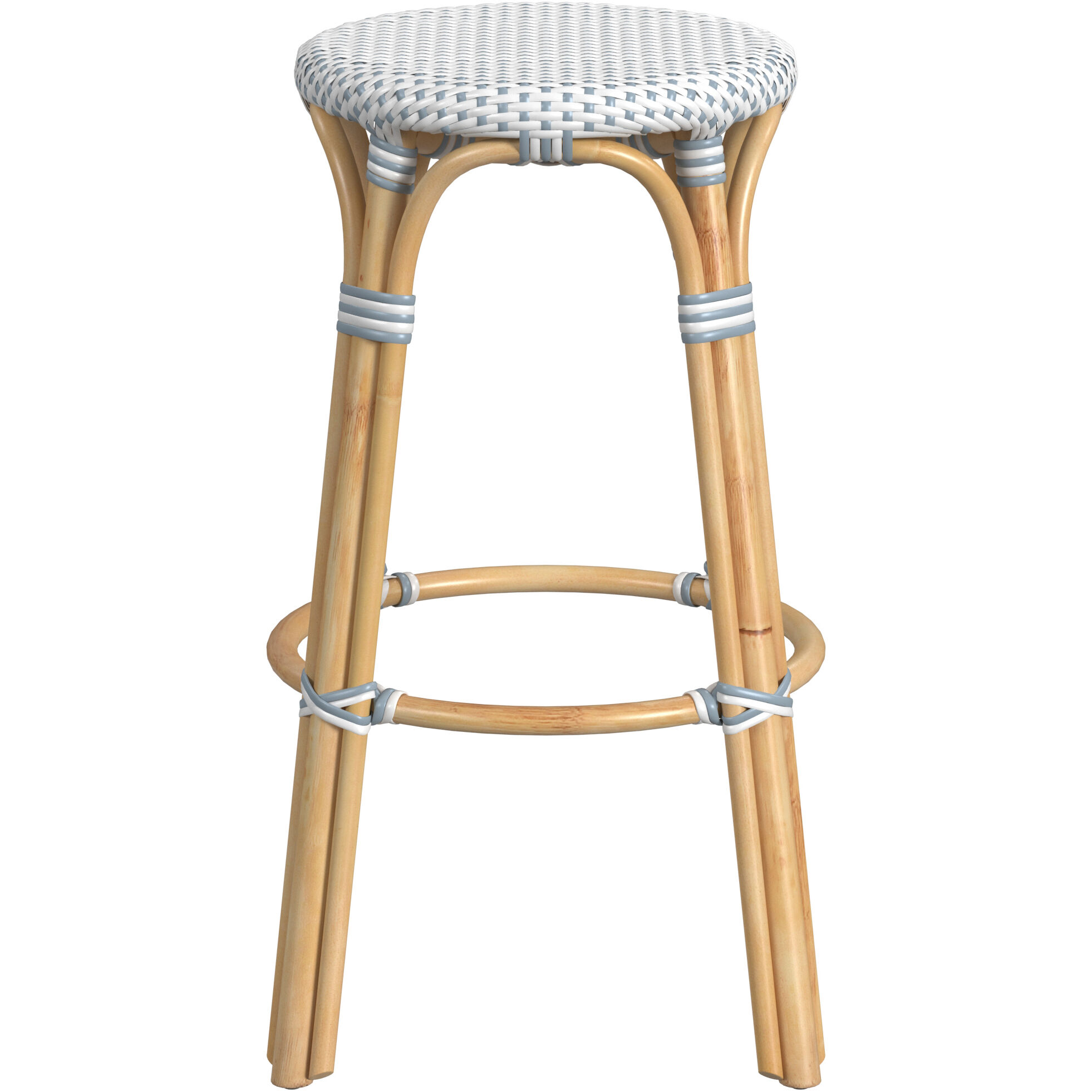 Tobias Round Rattan 30" Bar Stool in White and Sky Blue Dot