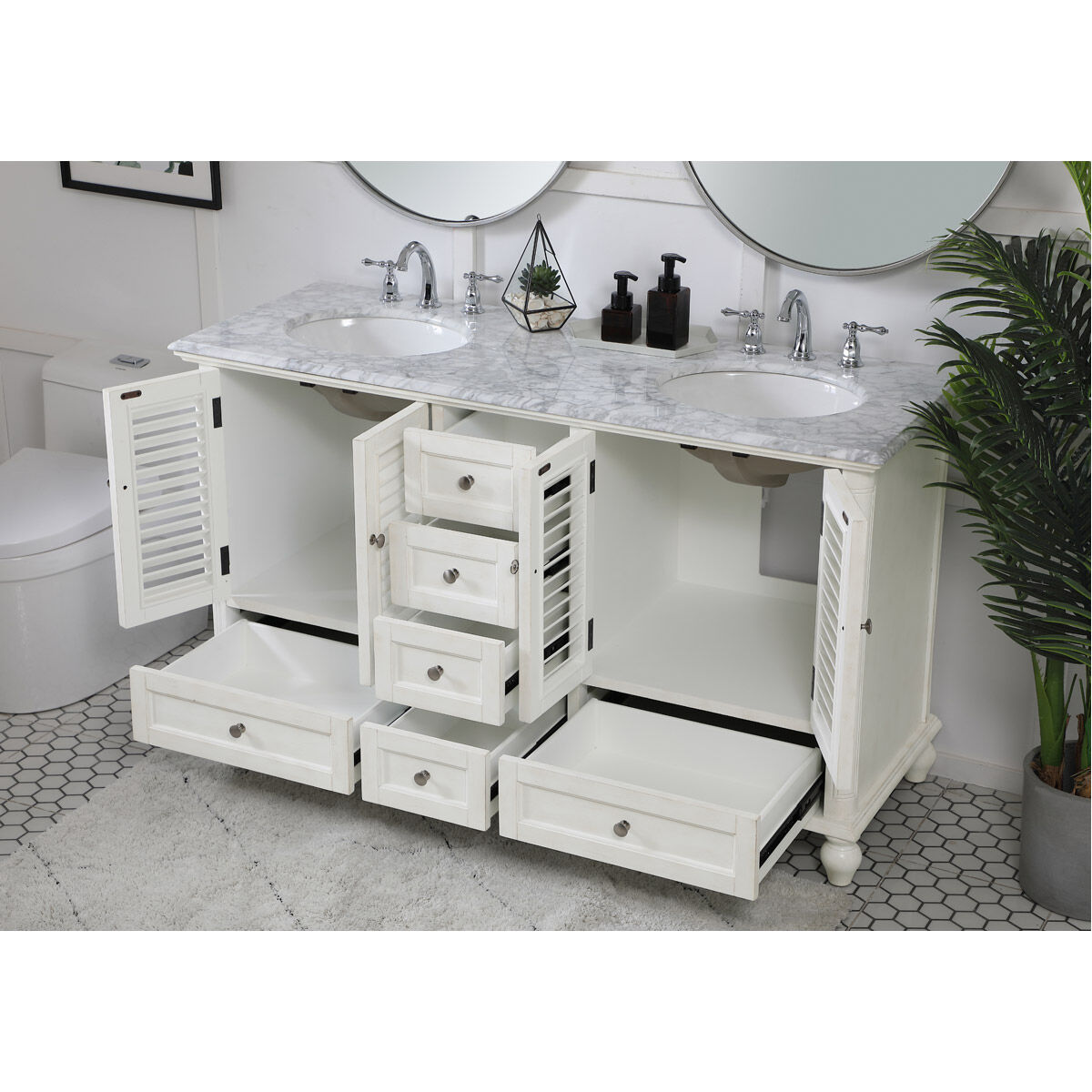 Rhodes 60 X 60 X 35 inch Antique White and Brushed Nickel Vanity Sink Set