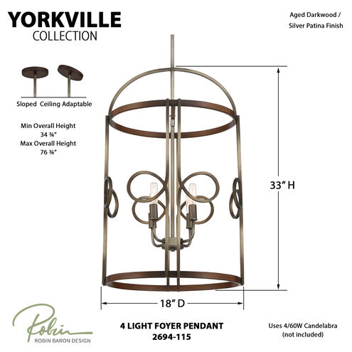 Yorkville 4 Light 18 inch Aged Darkwood/Silver Patina Pendant Ceiling Light