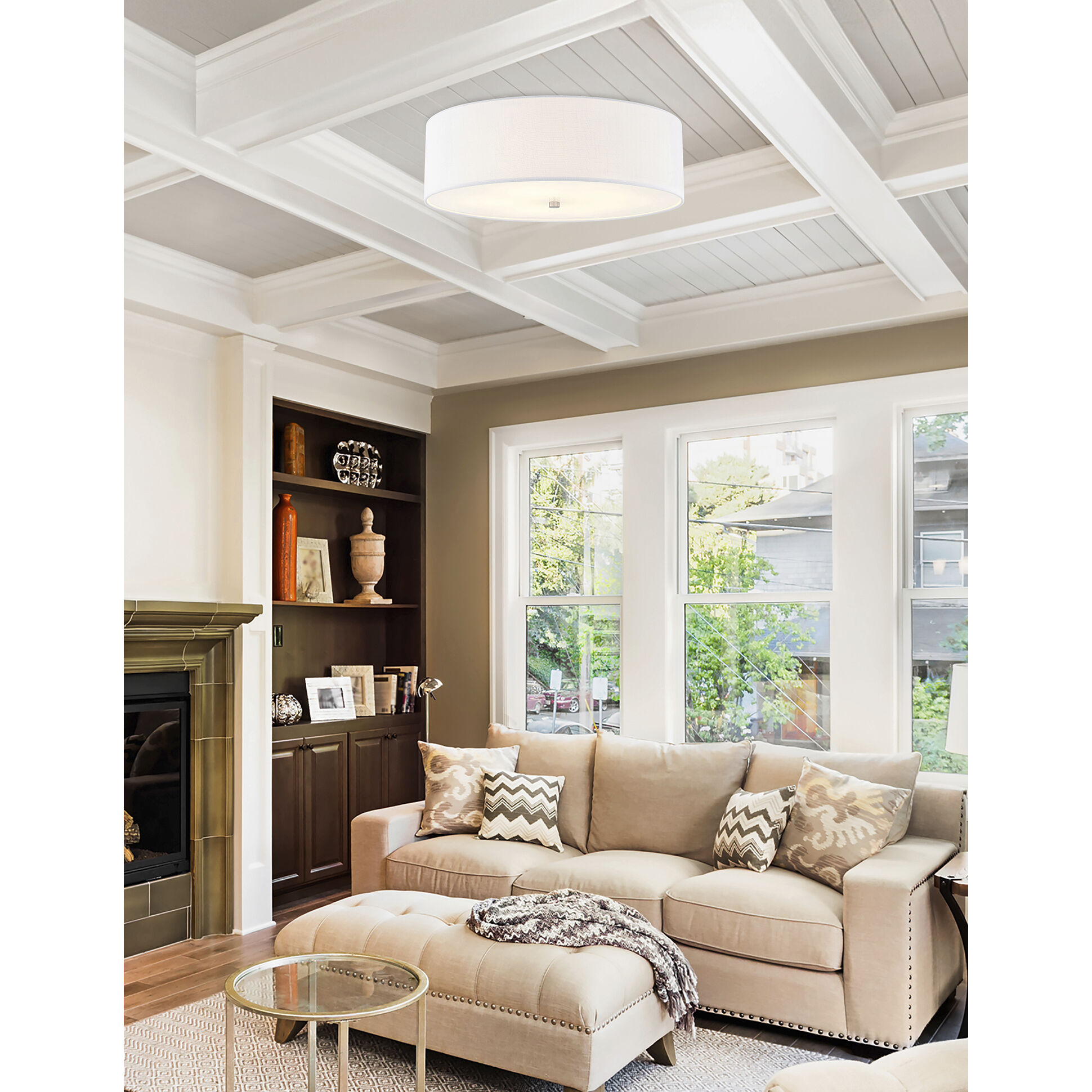 Textile Collection 5 Light 24 inch Brushed Nickel Flush Mount Ceiling Light in White, Classic Family