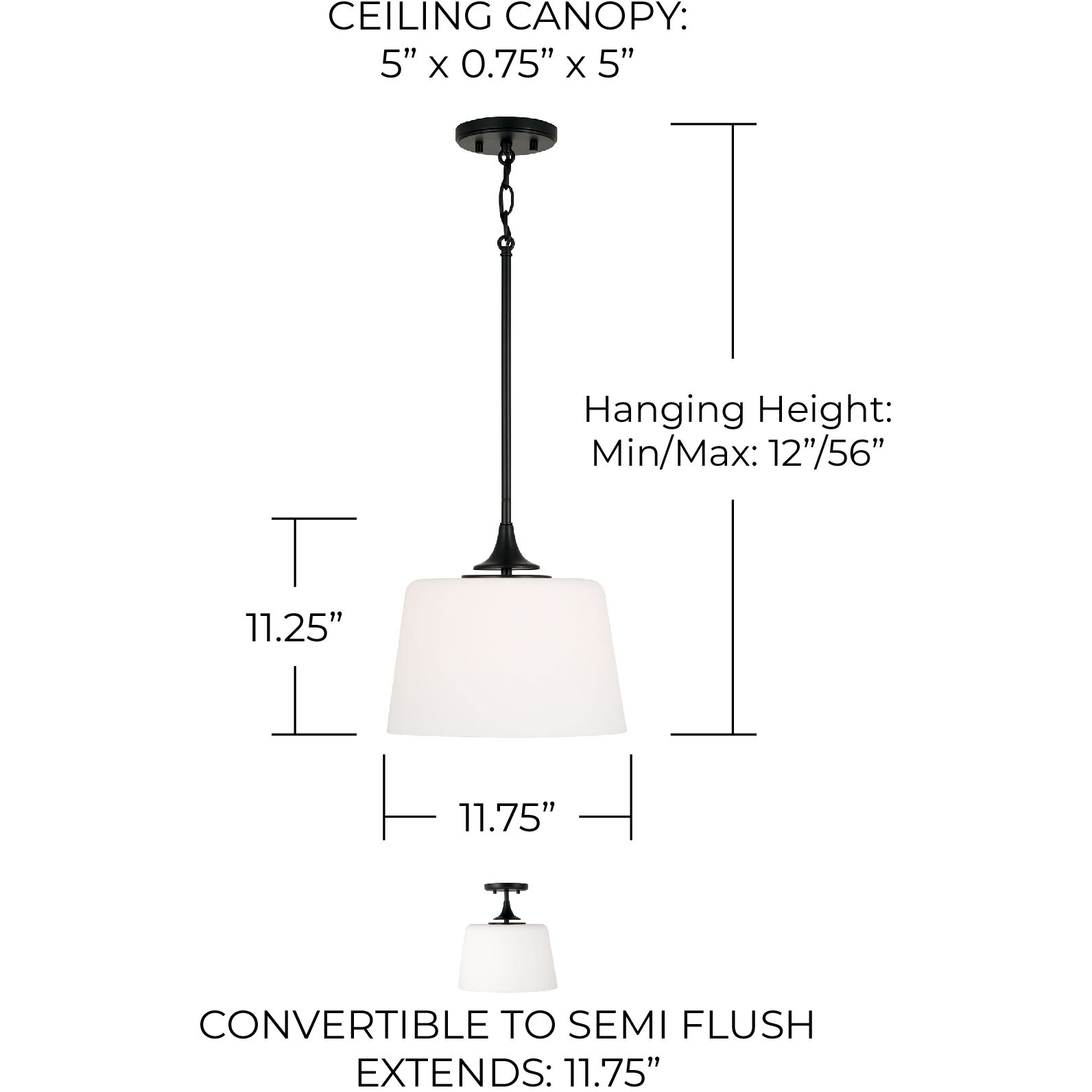 Presley 1 Light 11.75 inch Matte Black Semi-Flush Mount Ceiling Light, Convertible Dual Mount