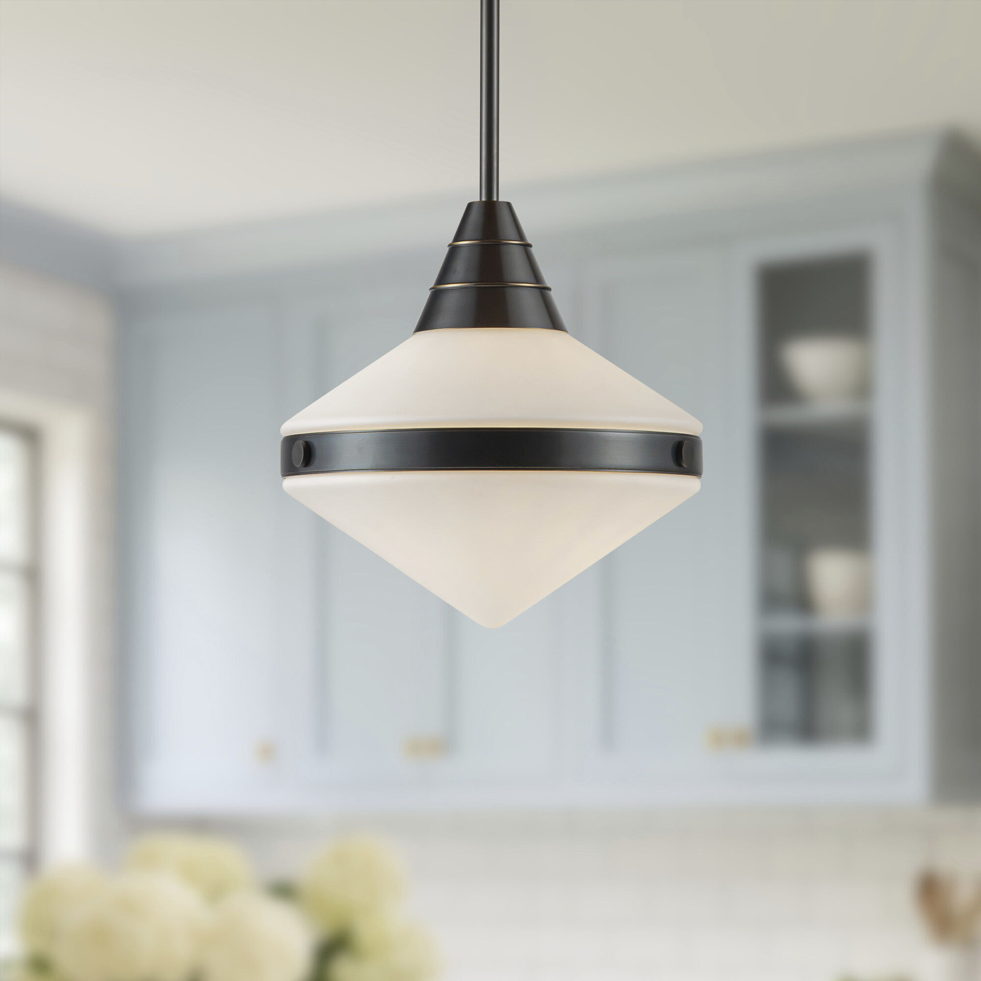 Willard Pendant Ceiling Light in Urban Bronze, Matte Opal Glass