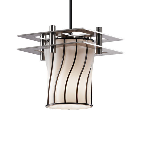 Wire Glass 7 inch Polished Chrome Pendant Ceiling Light in Black Cord, Grid with Clear Bubbles, Cylinder with Flat Rim, Metropolis