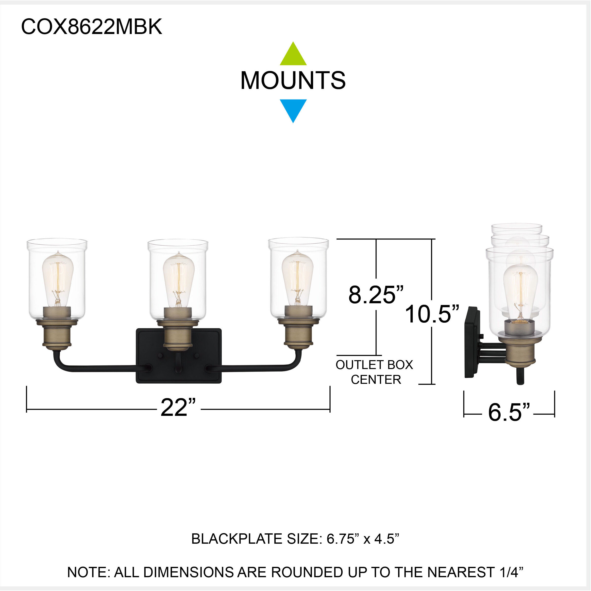 Cox 3 Light 22 inch Matte Black Bath Light Wall Light, Large