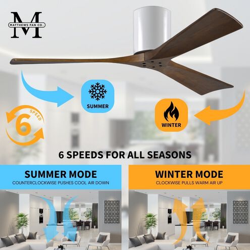 Atlas Irene-3H 52 inch Gloss White with Walnut Tone Blades Ceiling Mount Paddle Fan, Flush Mounted