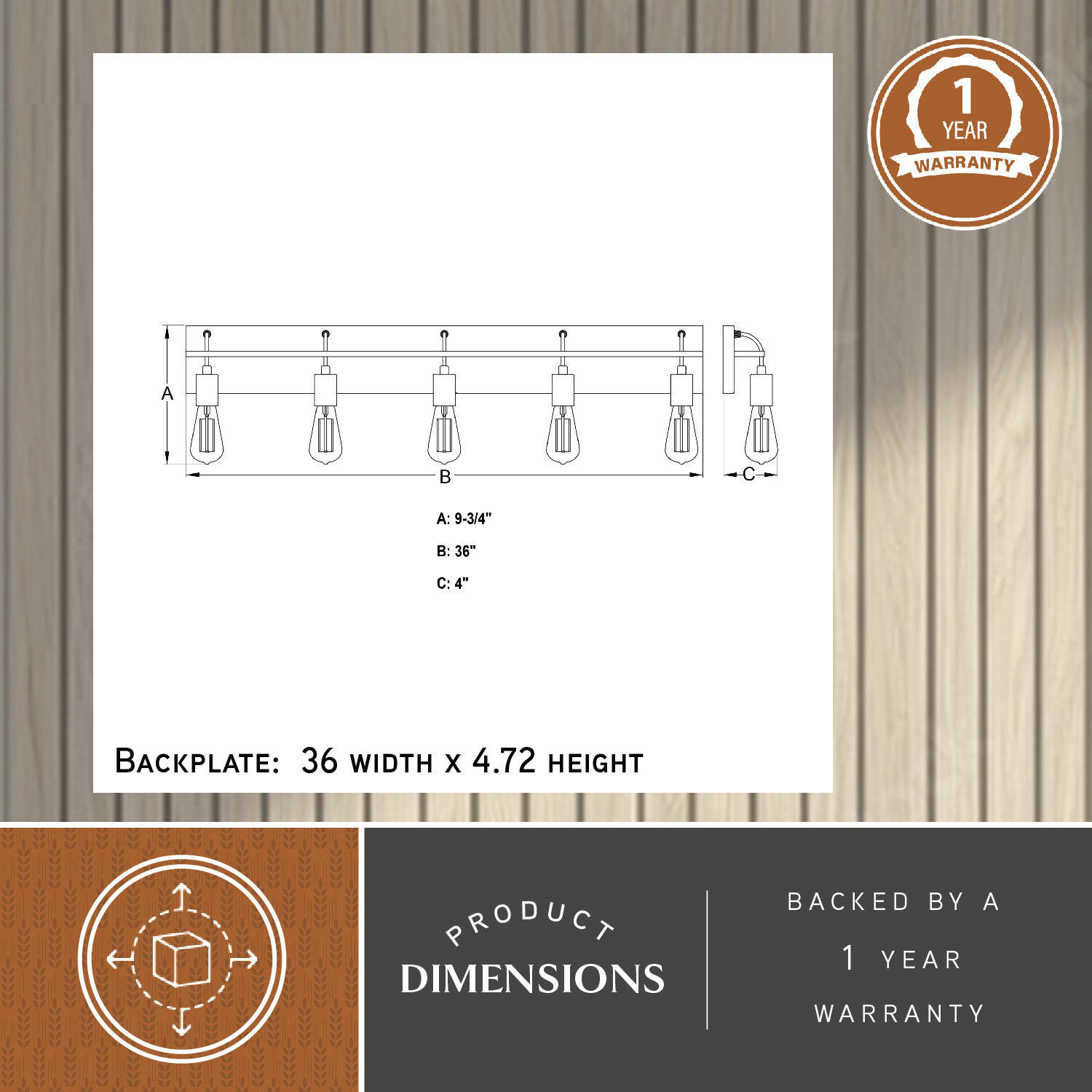 Seward Park 5 Light 36 inch Black and Satin Brass Bathroom Vanity Wall Light, Full Backplate