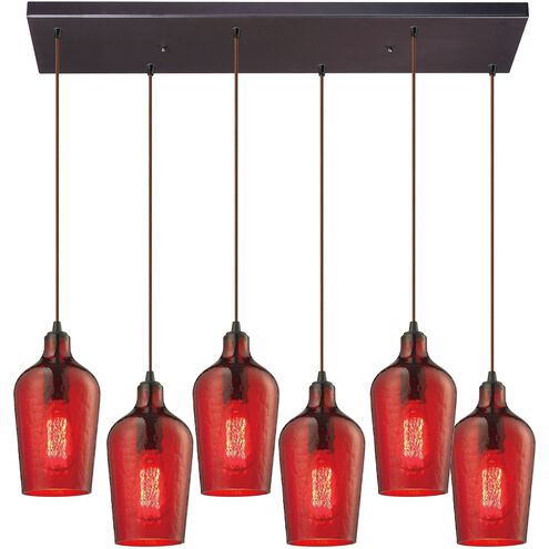 Hammered Glass 6 Light 30 inch Oil Rubbed Bronze Mini Pendant Ceiling Light in Hammered Red Glass