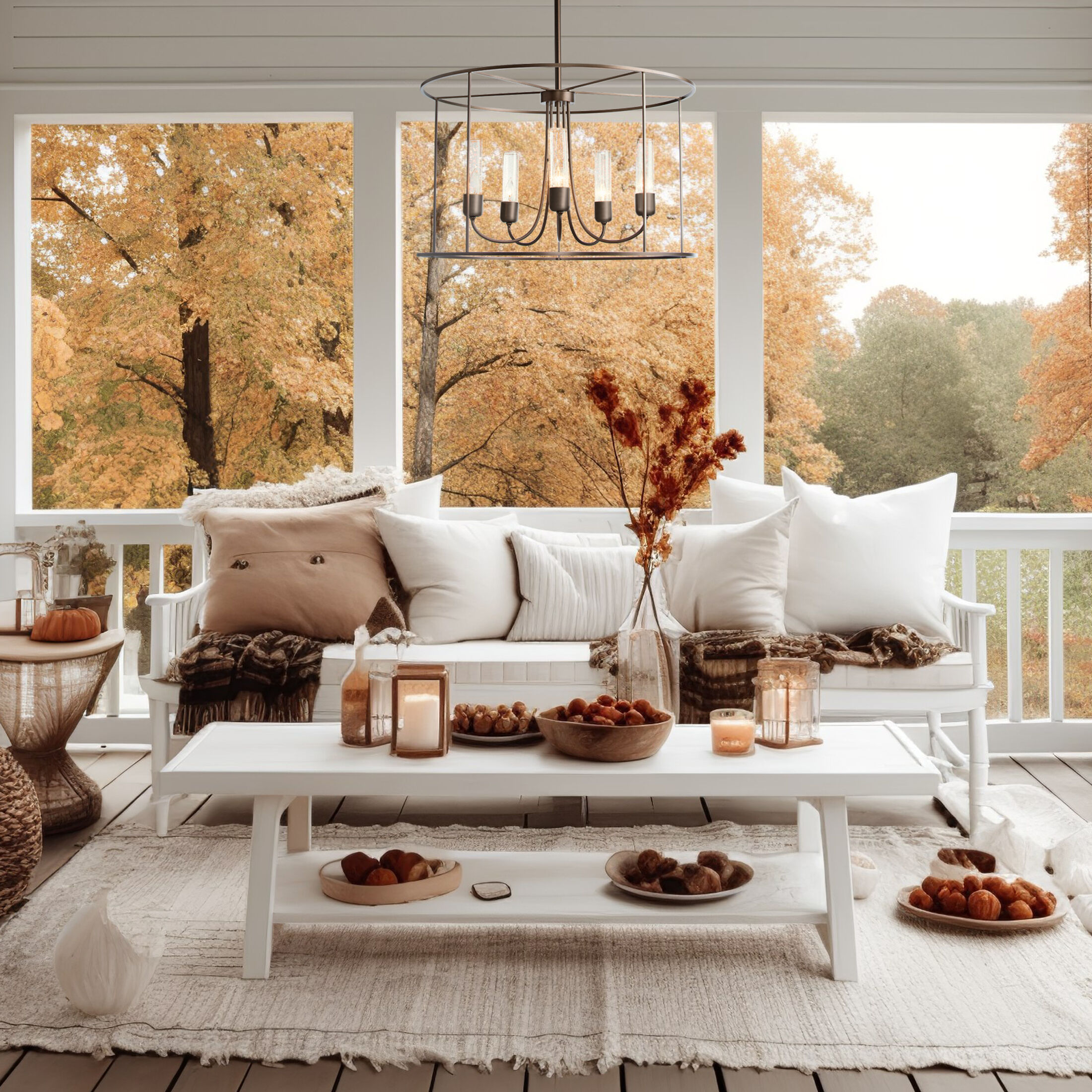 Portico 5 Light 32 inch Coastal Bronze Outdoor Pendant in Seeded Clear, Drum