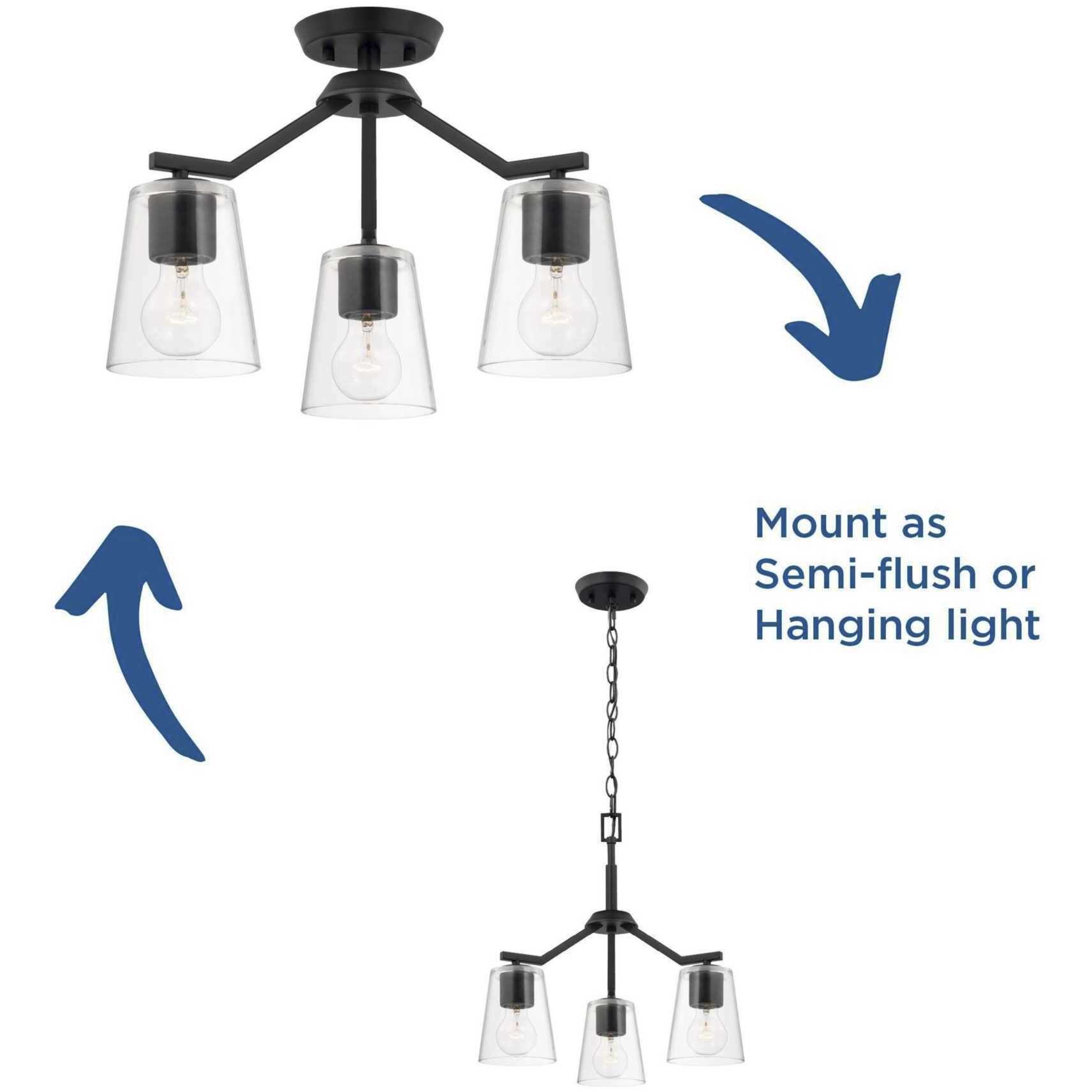 Vertex 3 Light 18 inch Matte Black Convertible Chandelier Ceiling Light