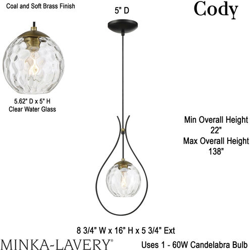 Cody 1 Light Coal/Soft Brass Mini Pendant Ceiling Light