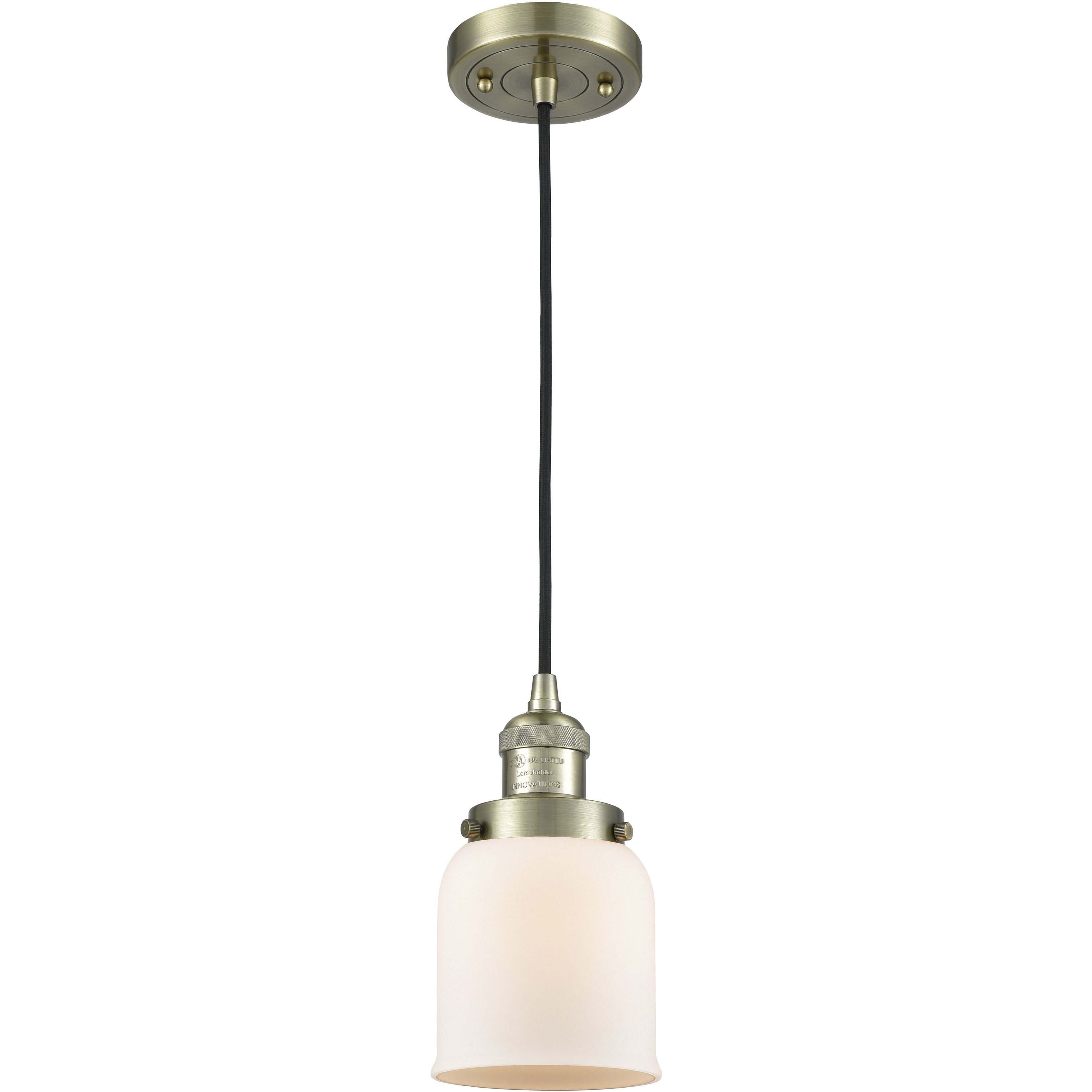 Franklin Restoration Bell LED 5 inch Antique Brass Mini Pendant Ceiling Light in Matte White, Franklin Restoration