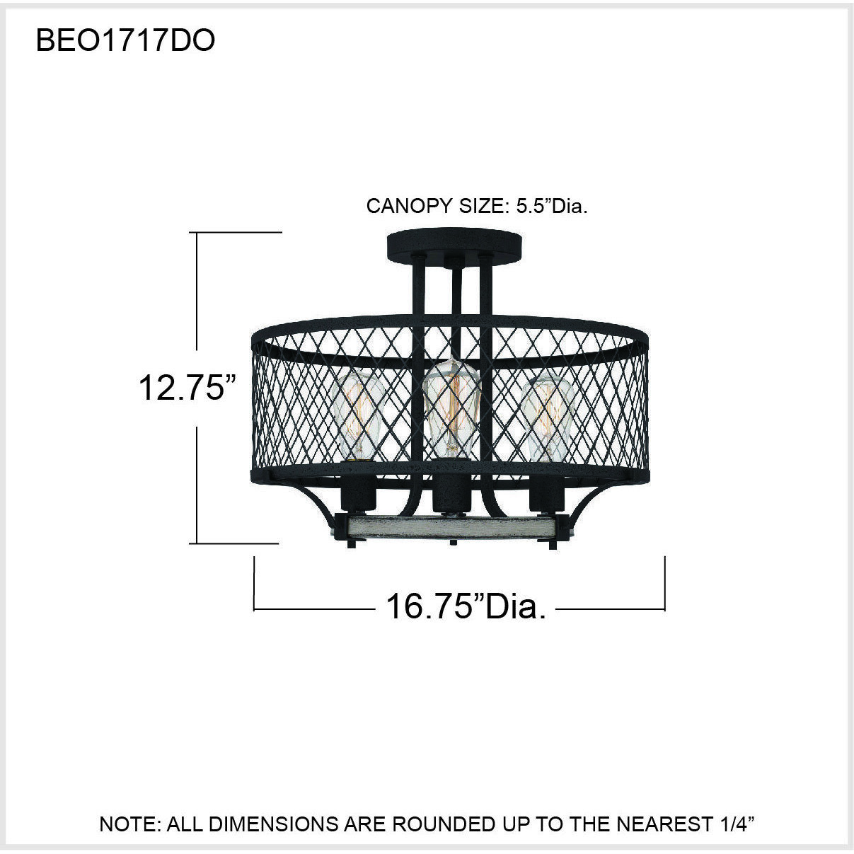 Benton 3 Light 16.75 inch Distressed Iron Semi-Flush Mount Ceiling Light