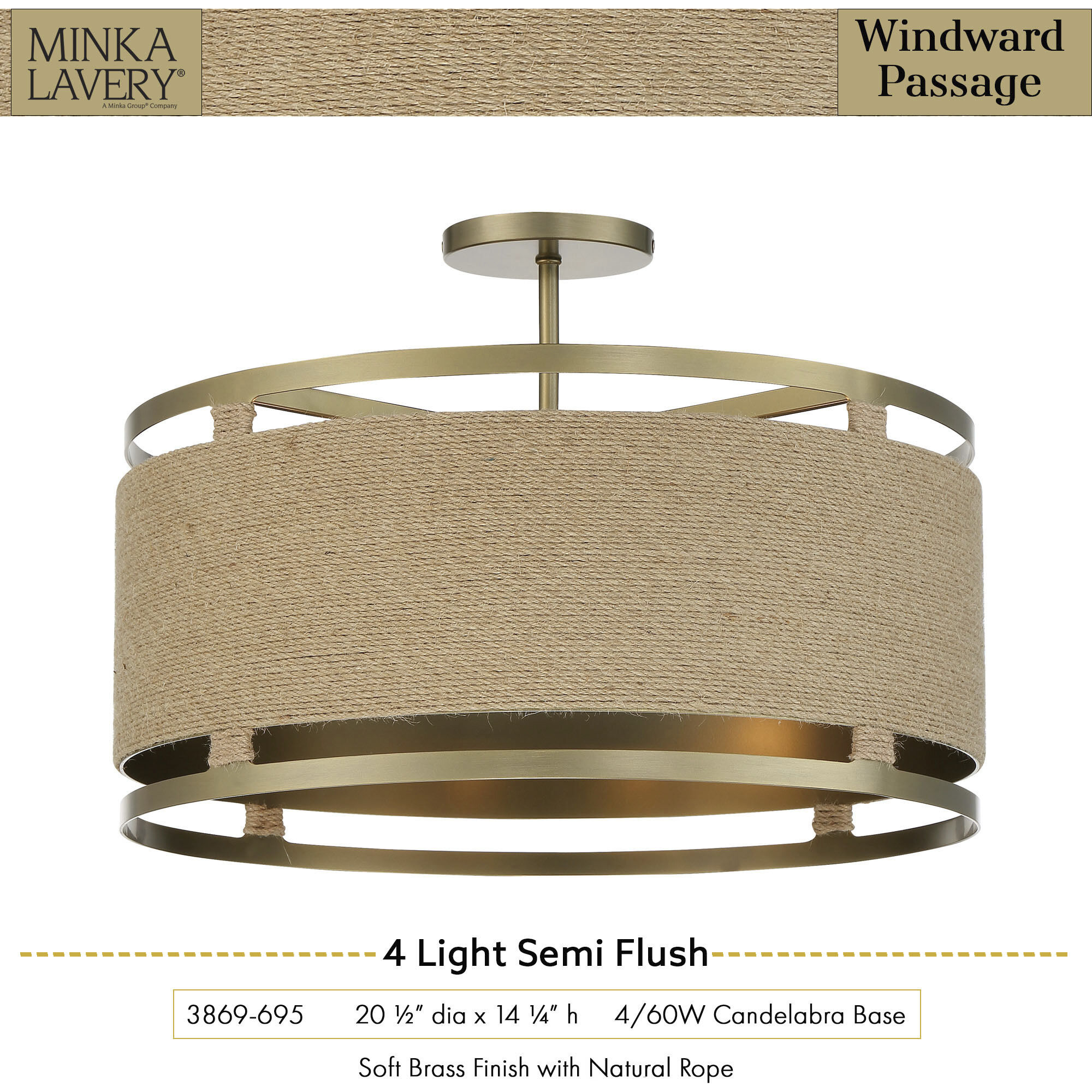 Windward Passage 4 Light 21 inch Soft Brass Semi Flush Mount Ceiling Light