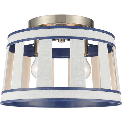 White Burlap 2 Light 14 inch Ocean Blue with Satin Nickel Semi Flush Mount Ceiling Light