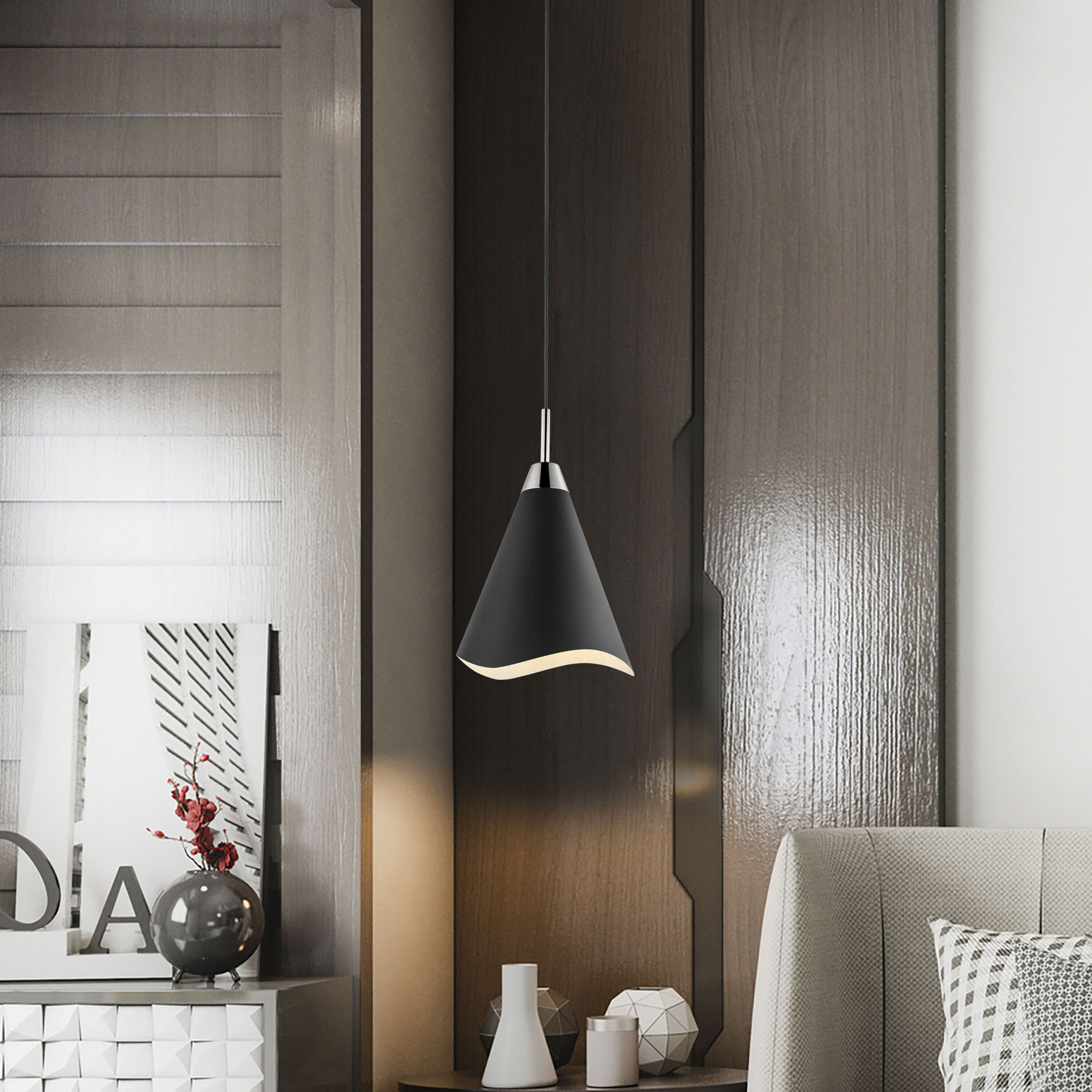 Tango 1 Light 12 inch Matte Black/Polished Nickel Pendant Ceiling Light