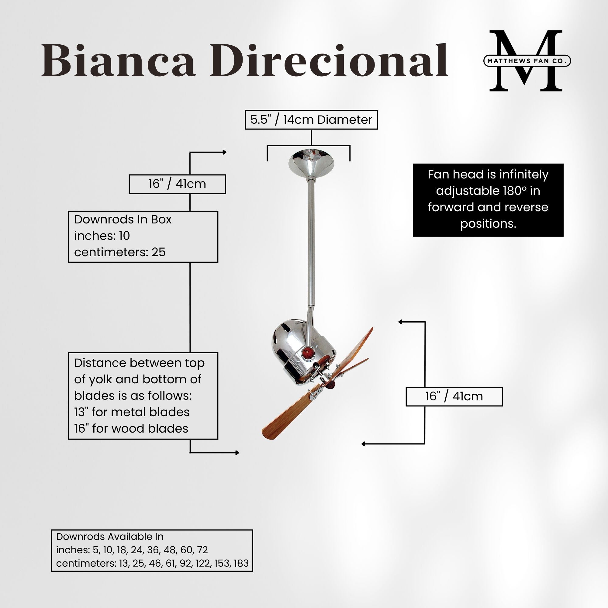 Matthews-Gerbar Bianca Direcional 16 inch Polished Chrome with Solid Mahogany Wood Blades Directional Ceiling Fan, Matthews-Gerbar