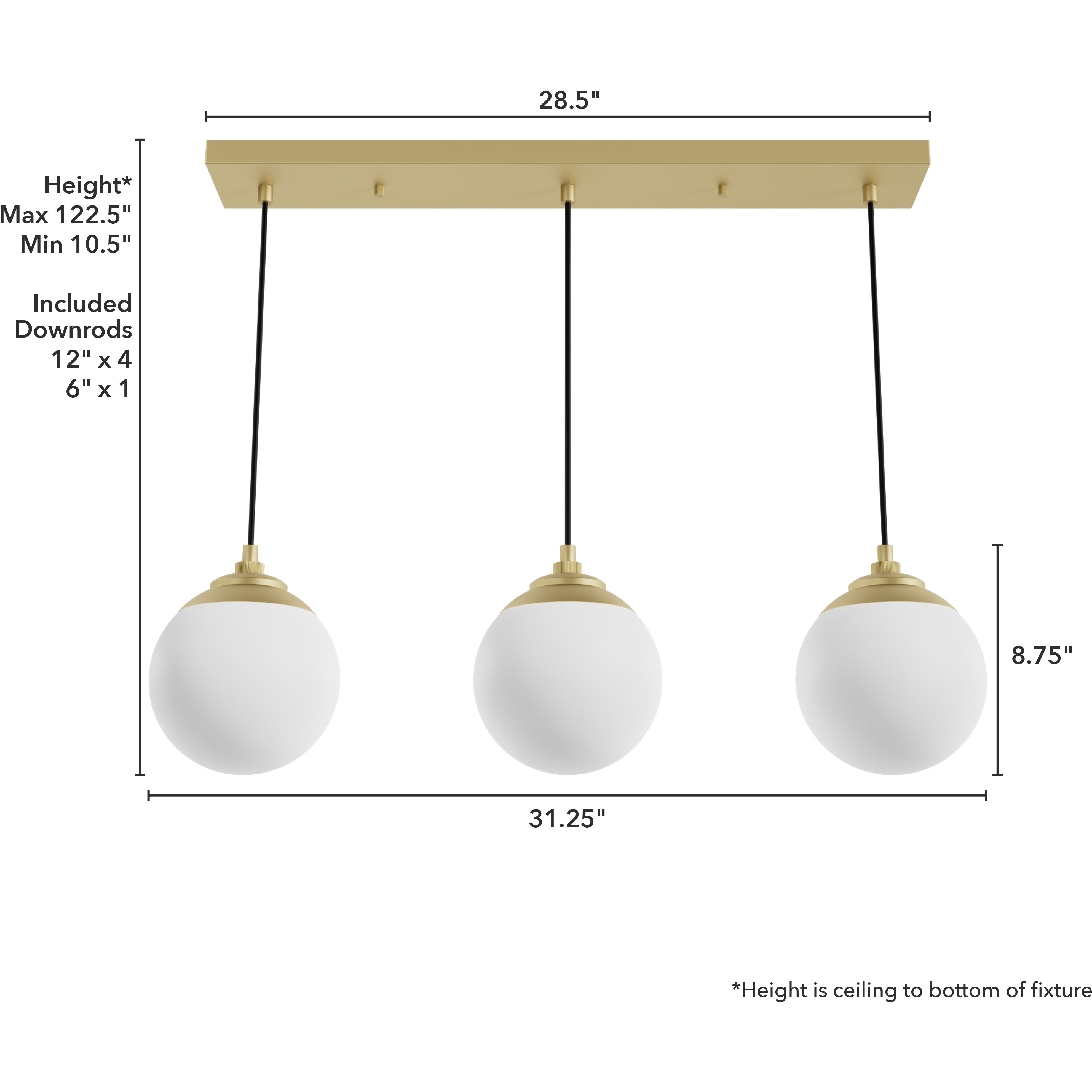 Hepburn 3 Light 7.25 inch Modern Brass Linear Cluster Pendant Ceiling Light, Medium