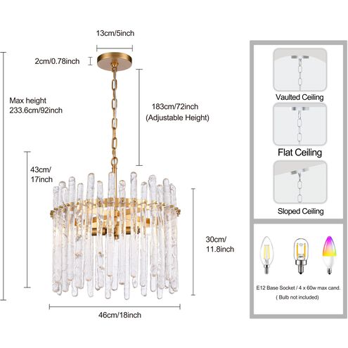 Icicles 4 Light 18 inch Natural Brass Pendant Ceiling Light, Converts to Semi Flush