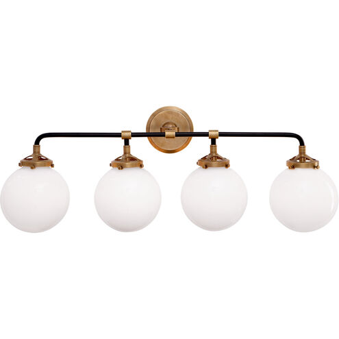 Ian K. Fowler Bistro 4 Light 30 inch Hand-Rubbed Antique Brass and Black Bath Sconce Wall Light in White Glass